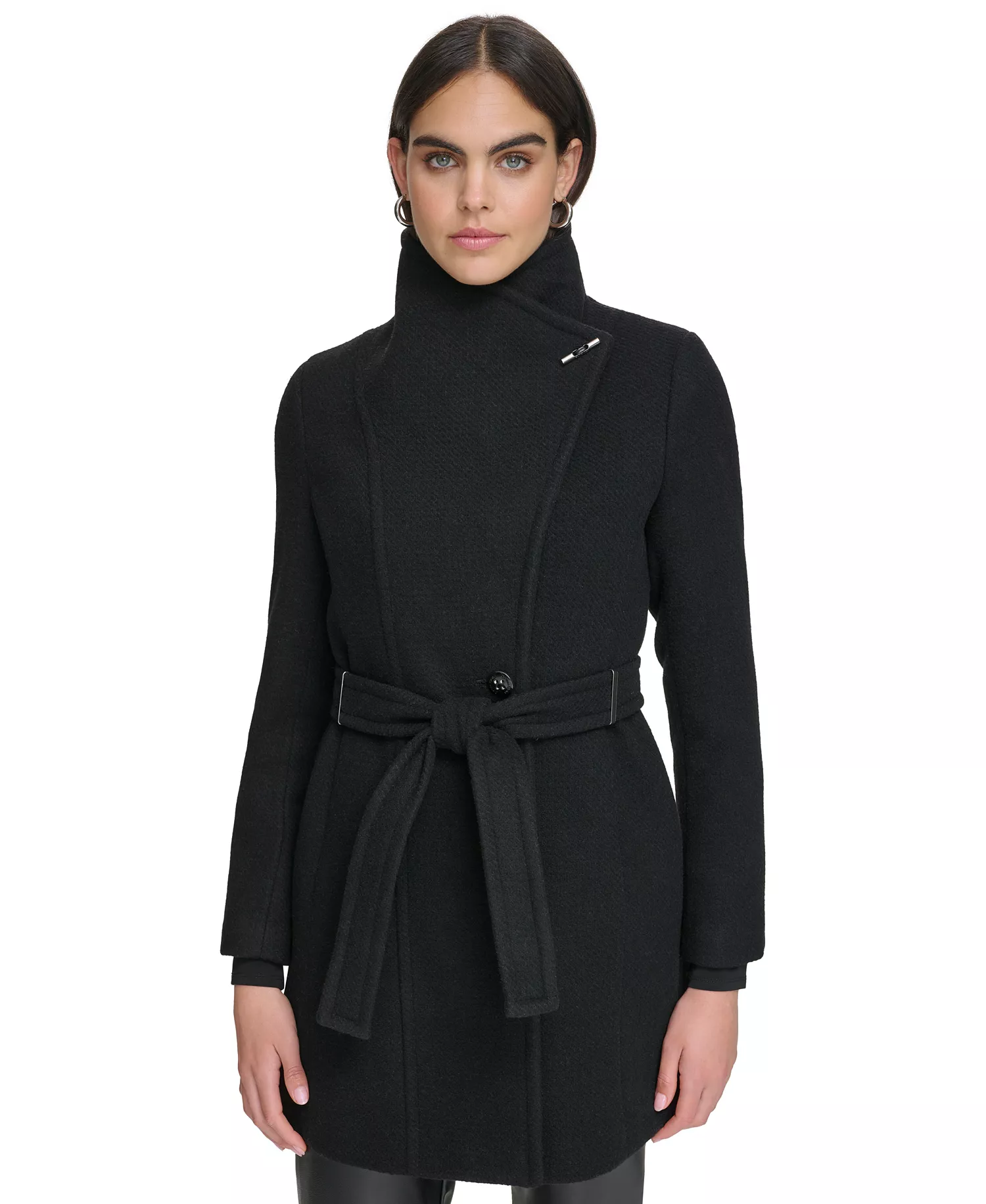 Women's Asymmetrical Belted Wrap Coat - Black Twill - L