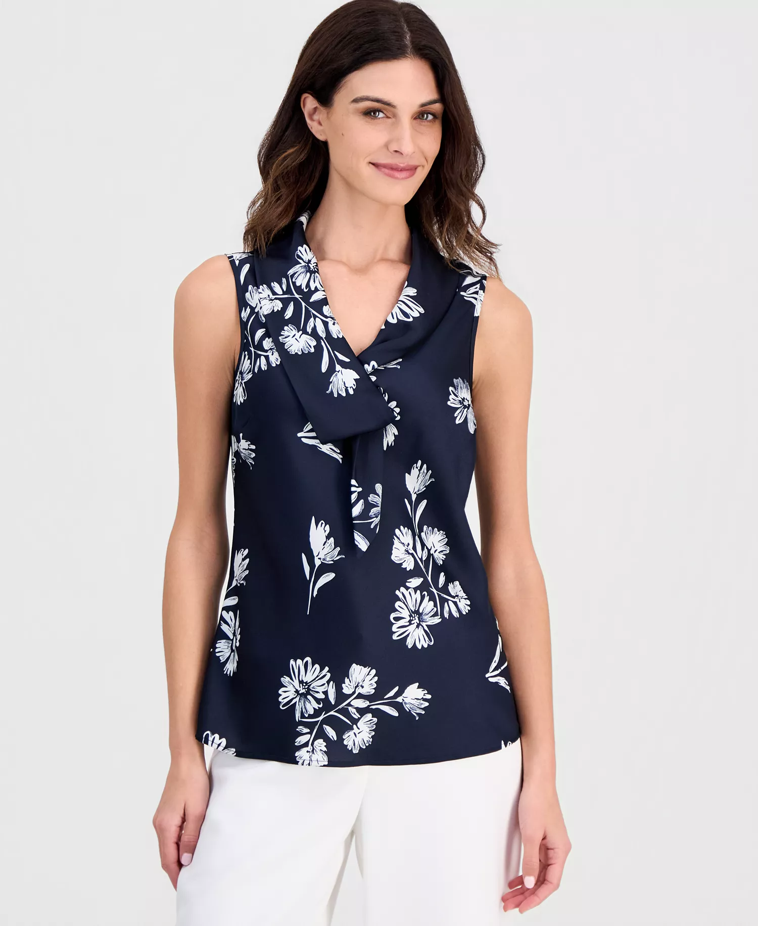 Petite Sailor Tie V-Neck Blouse - Navy Ivory - P/L