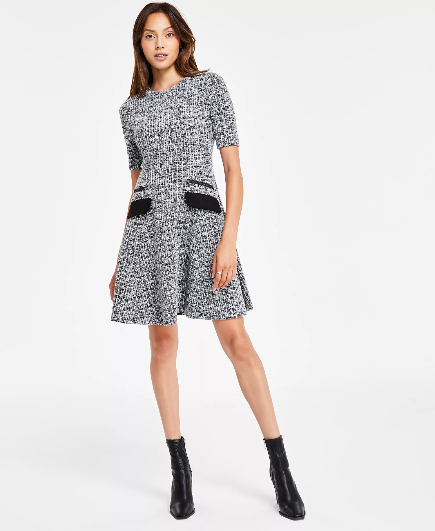 Short Sleeve Zipper Flap-Pocket A-line Tweed Dress - Black/Cream - 10
