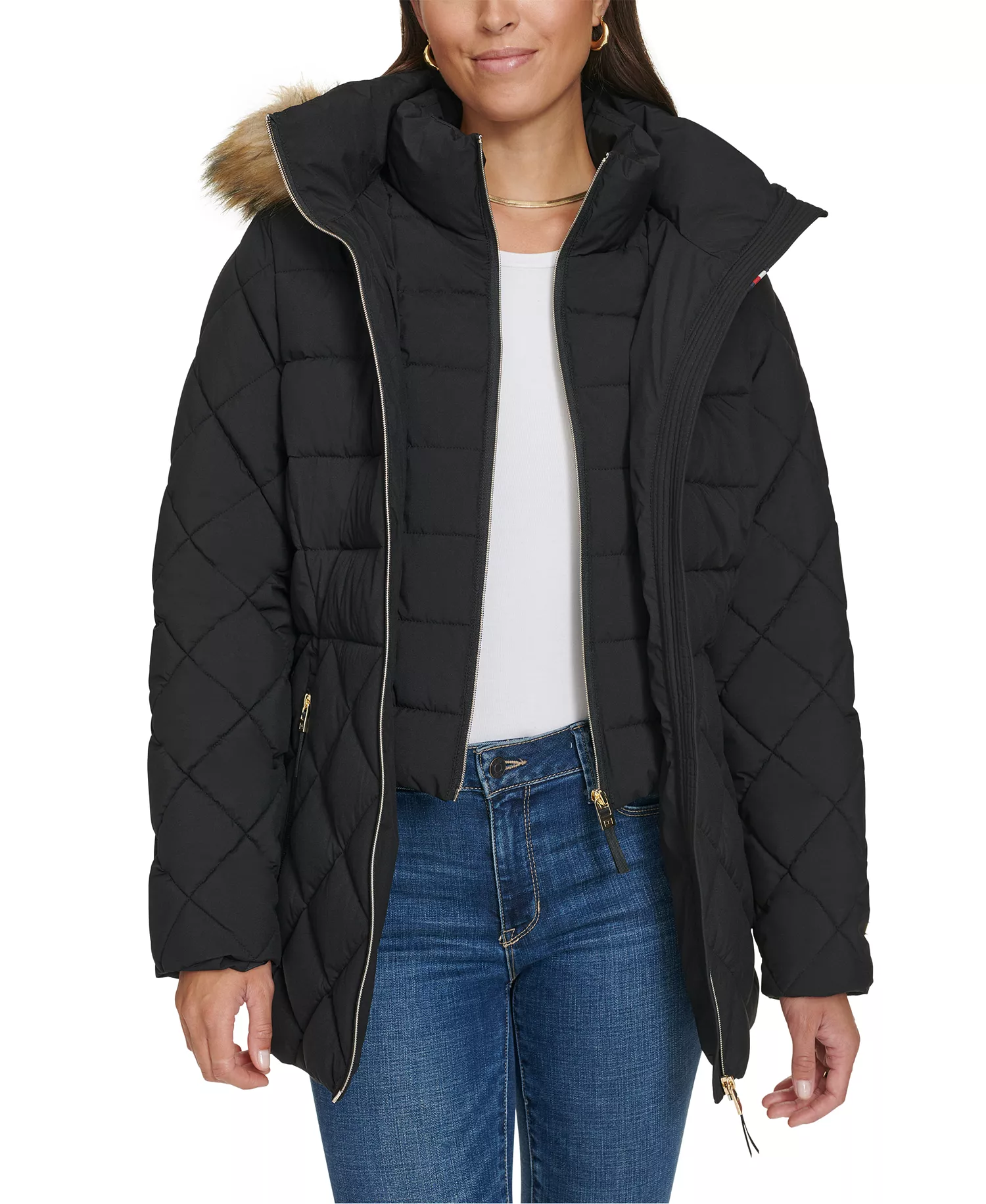 Women's Bibbed Faux-Fur-Trim Hooded Puffer Coat, Created for Macy's - Black - L