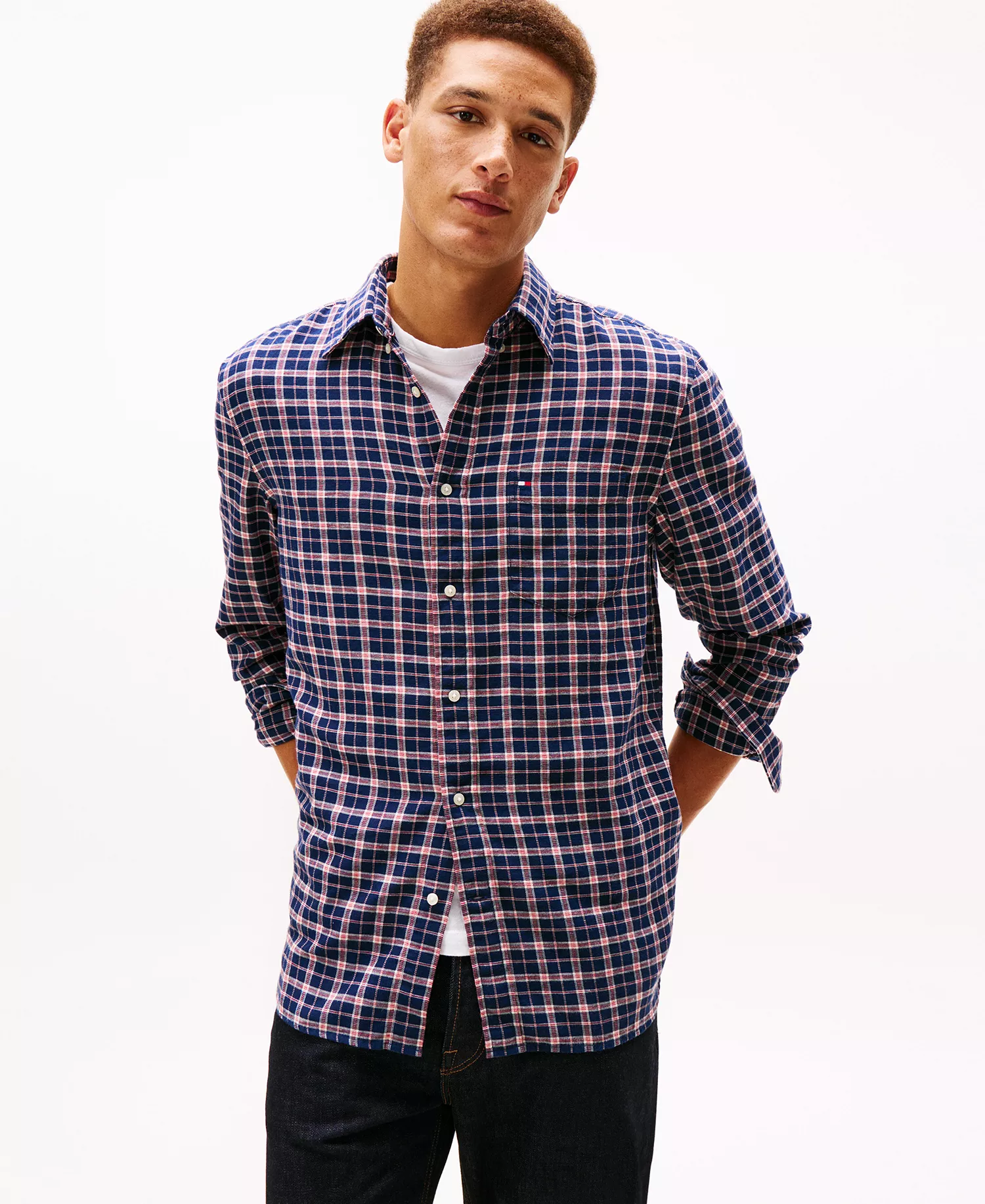 Men's Brushed Linen-Blend Medium Check Shirt - Carbon Navy / Check - L