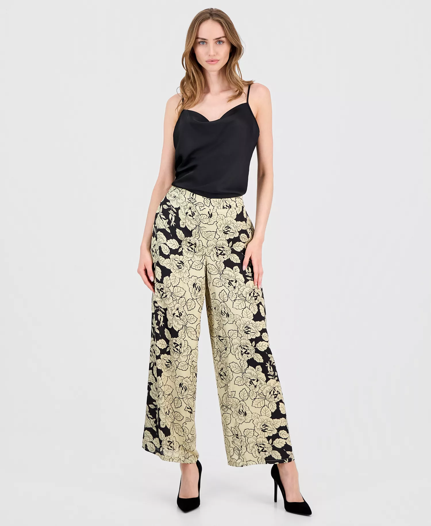 Women's Printed Pull-On Wide-Leg Pants - Golden Roses  Place Print - L