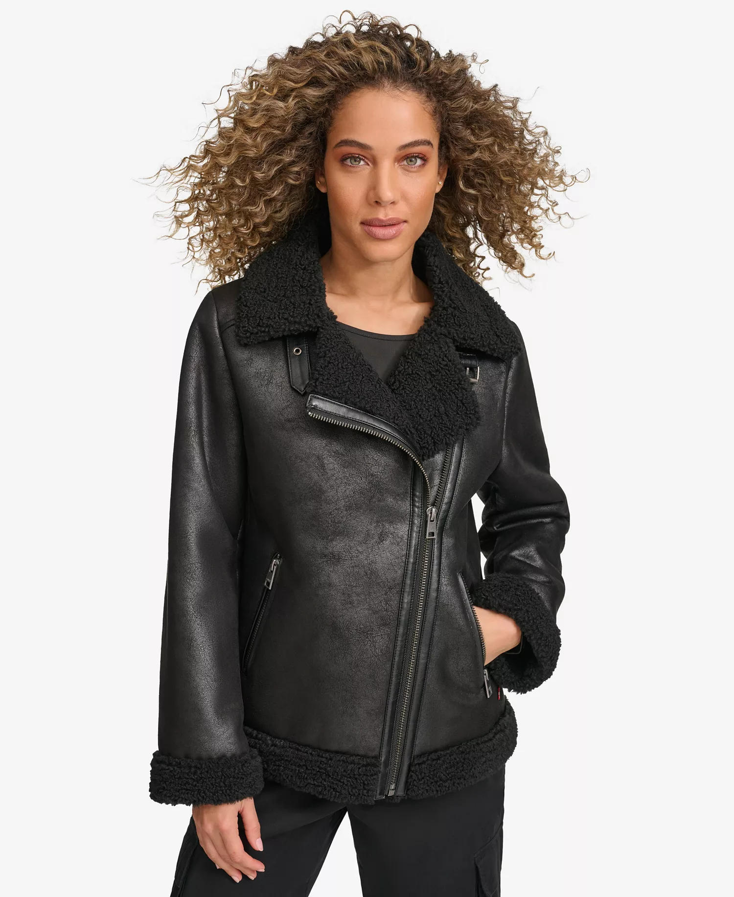 Women's Faux Shearling Asymmetrical Moto Jacket - Black - L