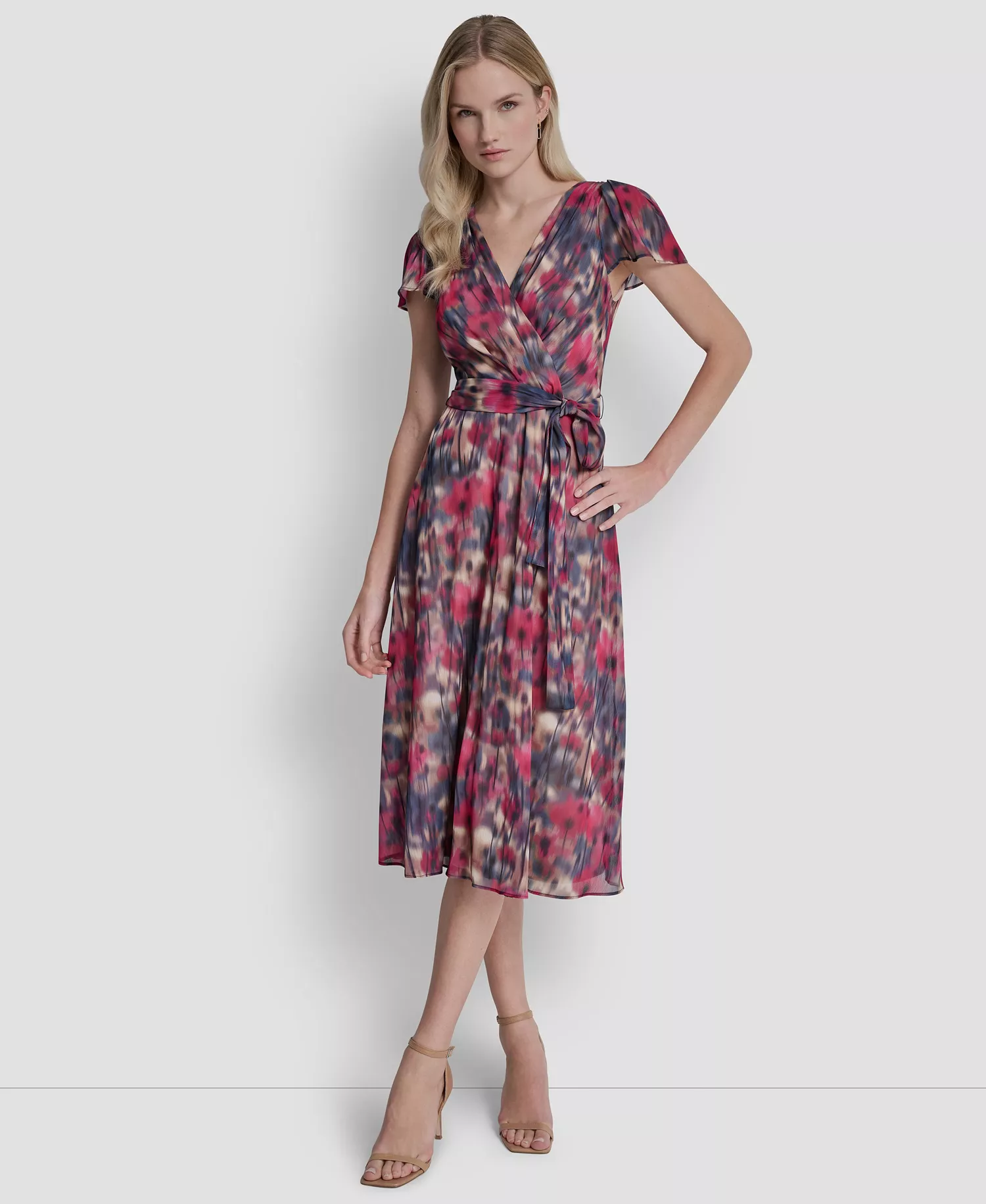 Women's Flutter Short-Sleeve Midi Dress - Lt City Khaki Multi - 10