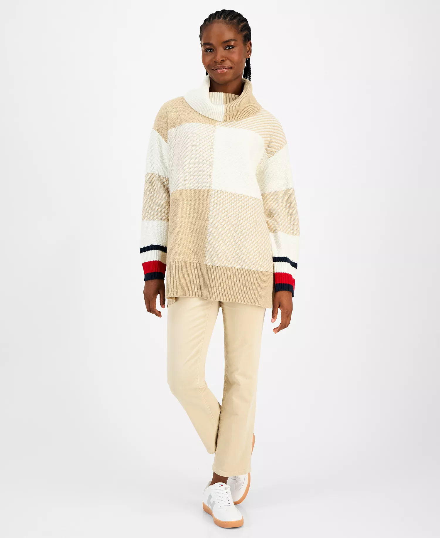 Women's Plaid Cowlneck Sweater  - Light Heather Fawn/ Ivory - L