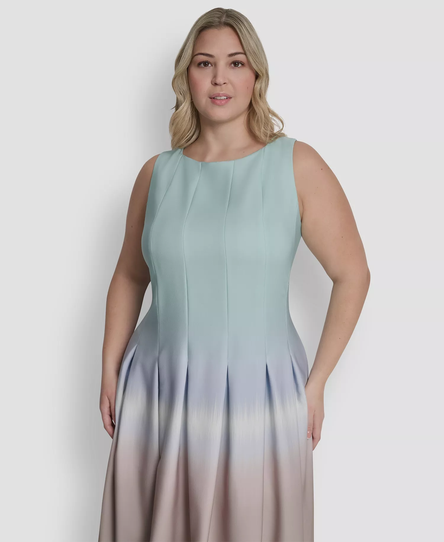 Plus Size Pleated Jewel Neck Sleeveless Midi Dress - Bleached Aqua Multi - 14W