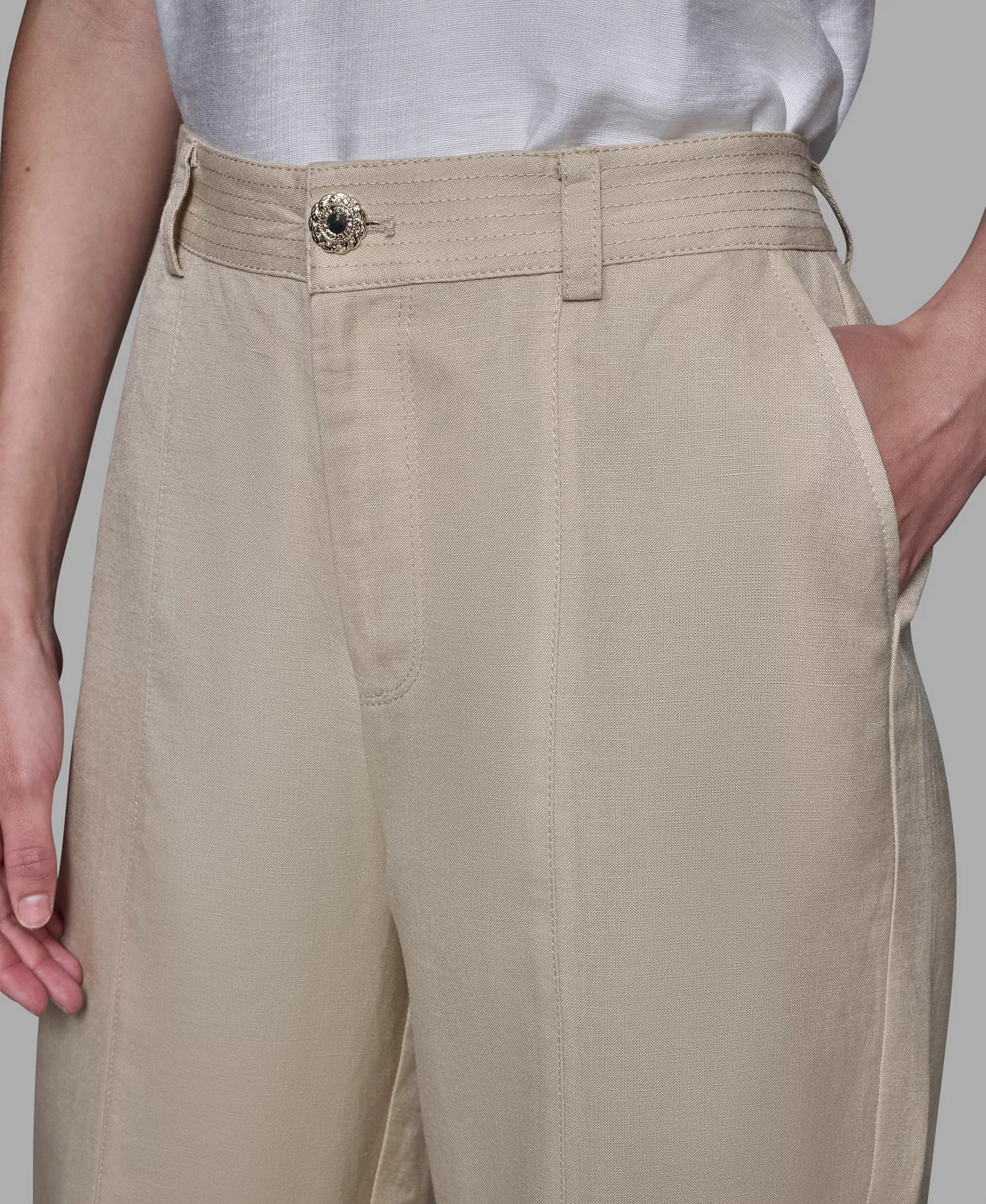 Women's Linen-Blend Straight Pocket Detail Pants - Desert Sand Multi - 10