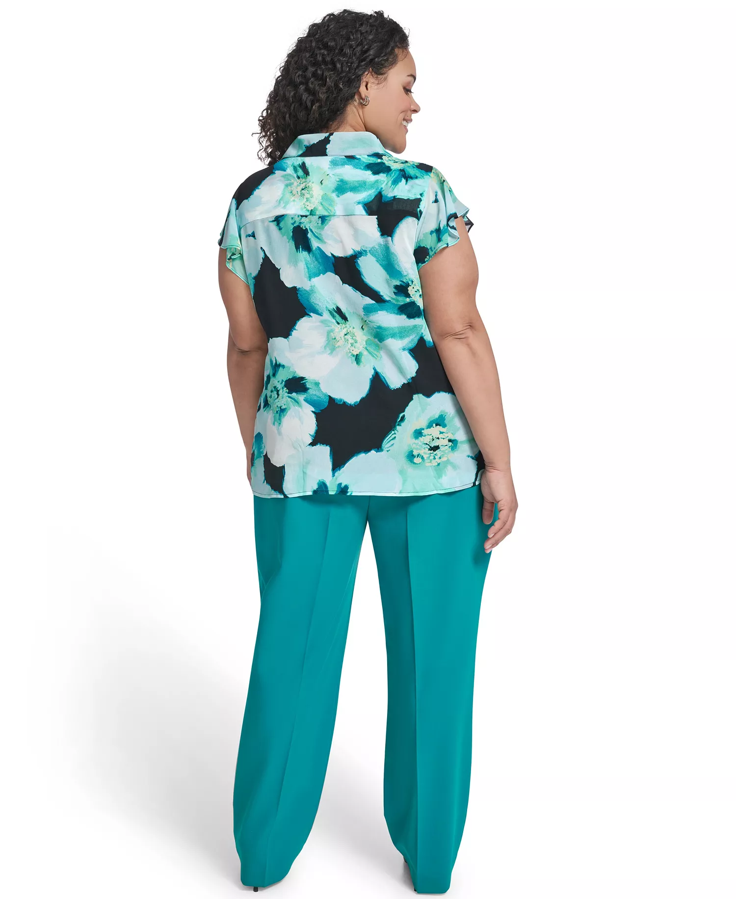 Plus Size Collared Neck Short-Sleeve Top - Navy/Seaspray Multi - 1X