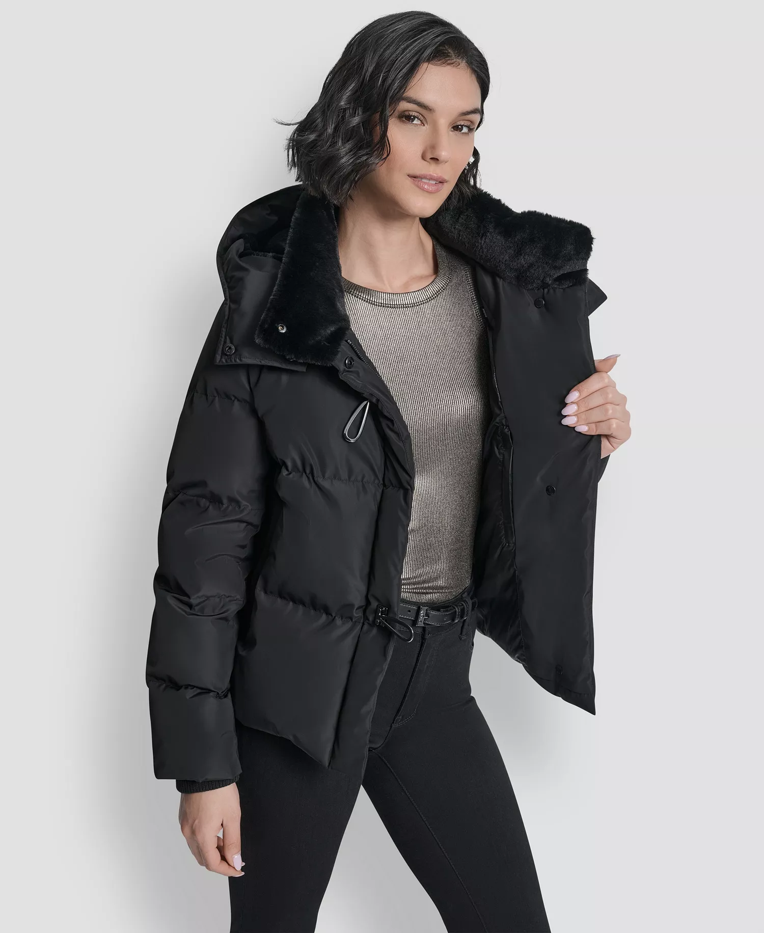 Women's Shirt Toggle Hooded Puffer Coat - Black - L
