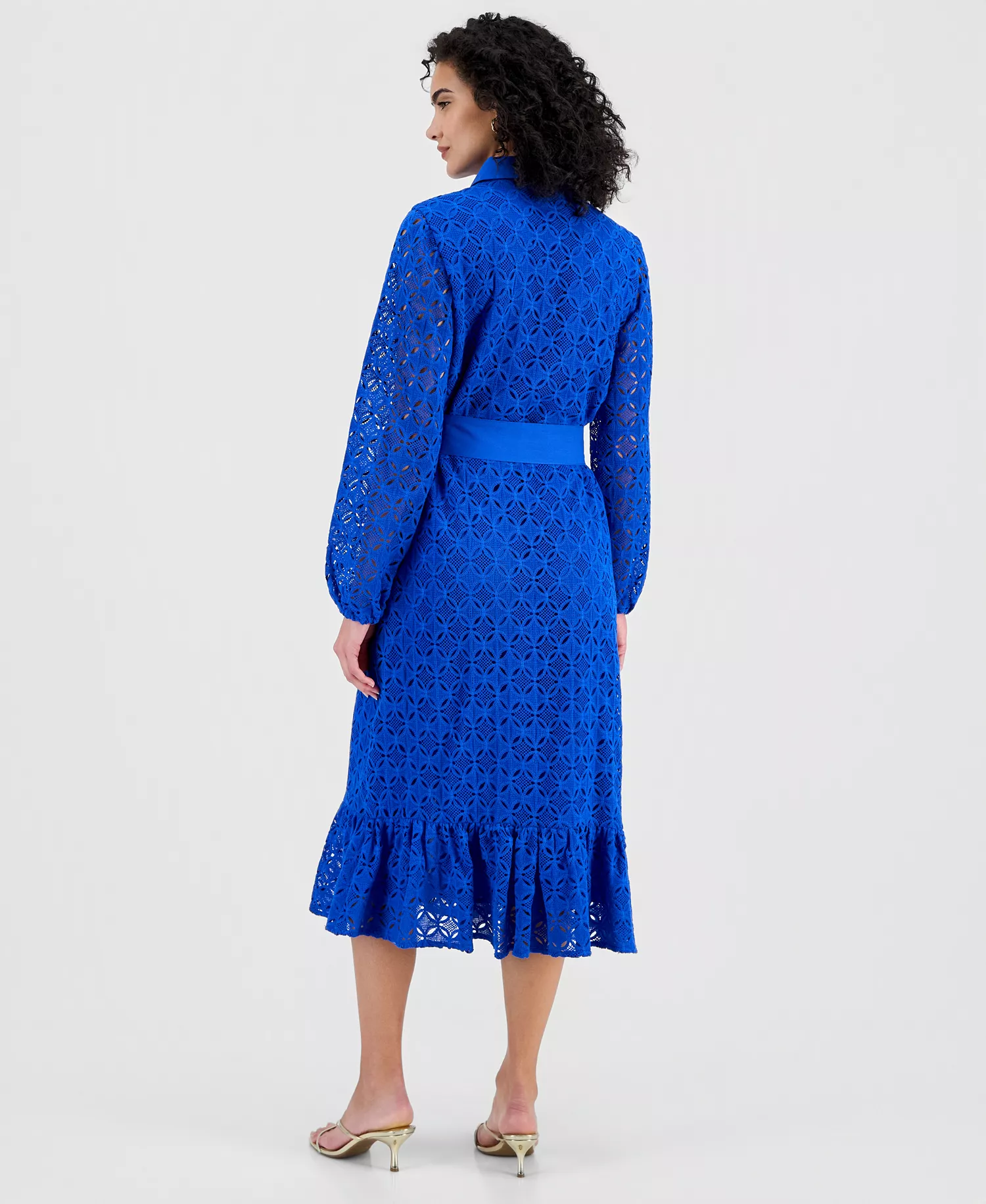 Women's Cotton Belted Lace Midi Dress - Blue Combo - 10