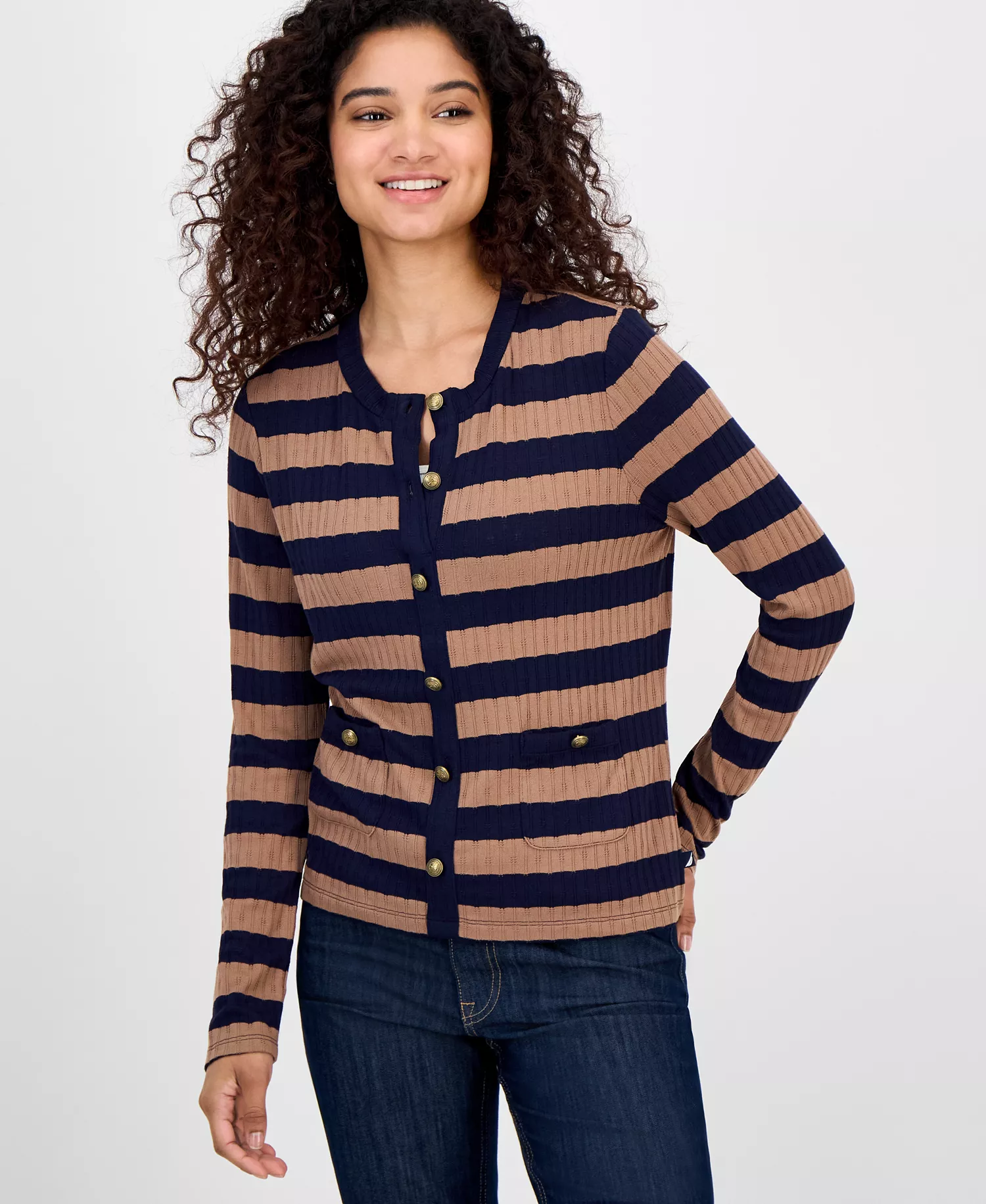 Nautica Women’s Striped Faux Knit Cardigan  - Barley Multi - S