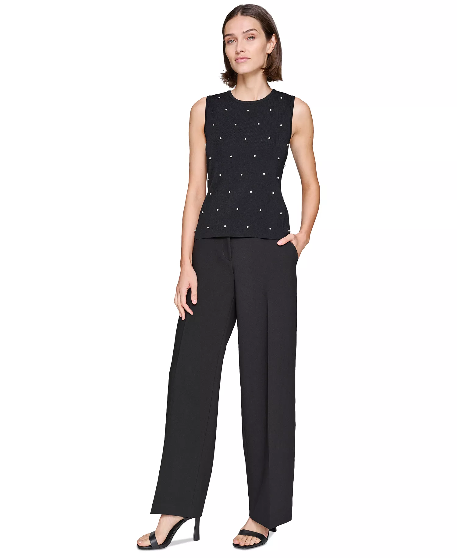 Karl Lagerfeld Women's Round-Neck Faux-Pearl Sleeveless Sweater Top - Black - L