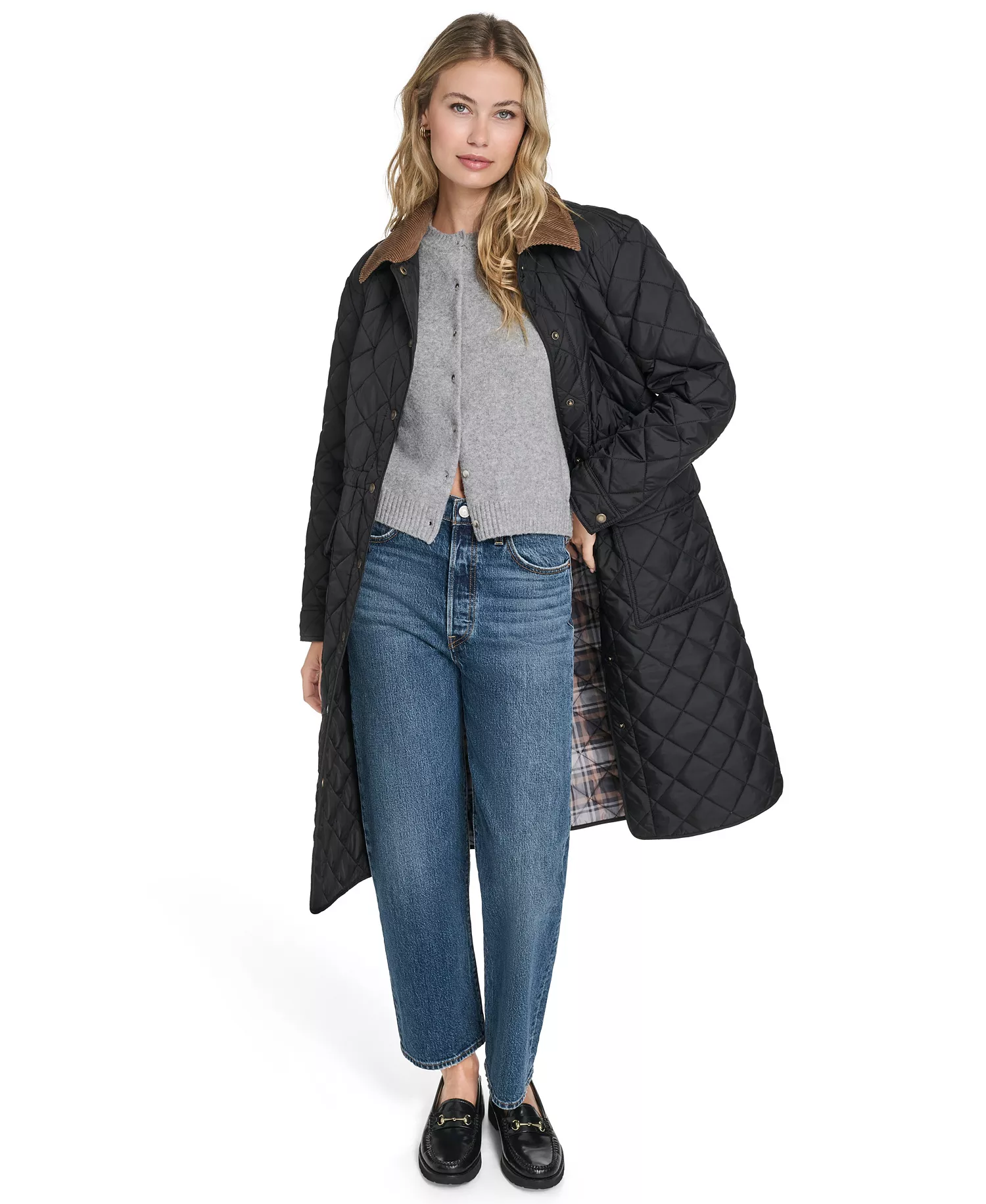 Women's Regular Diamond Quilted Cinch Waist Coat - Black - L