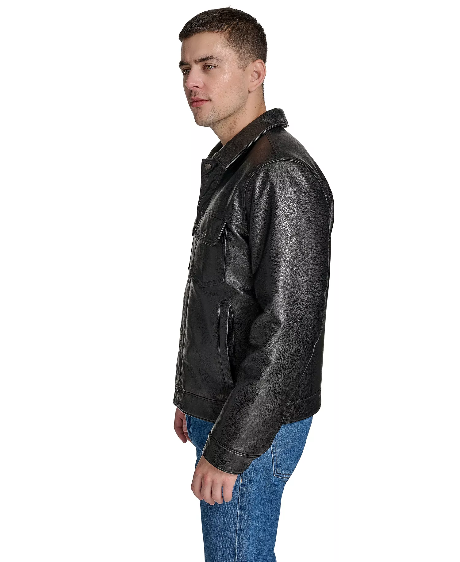 Men's Faux Leather Trucker Jacket - Black - 2XL