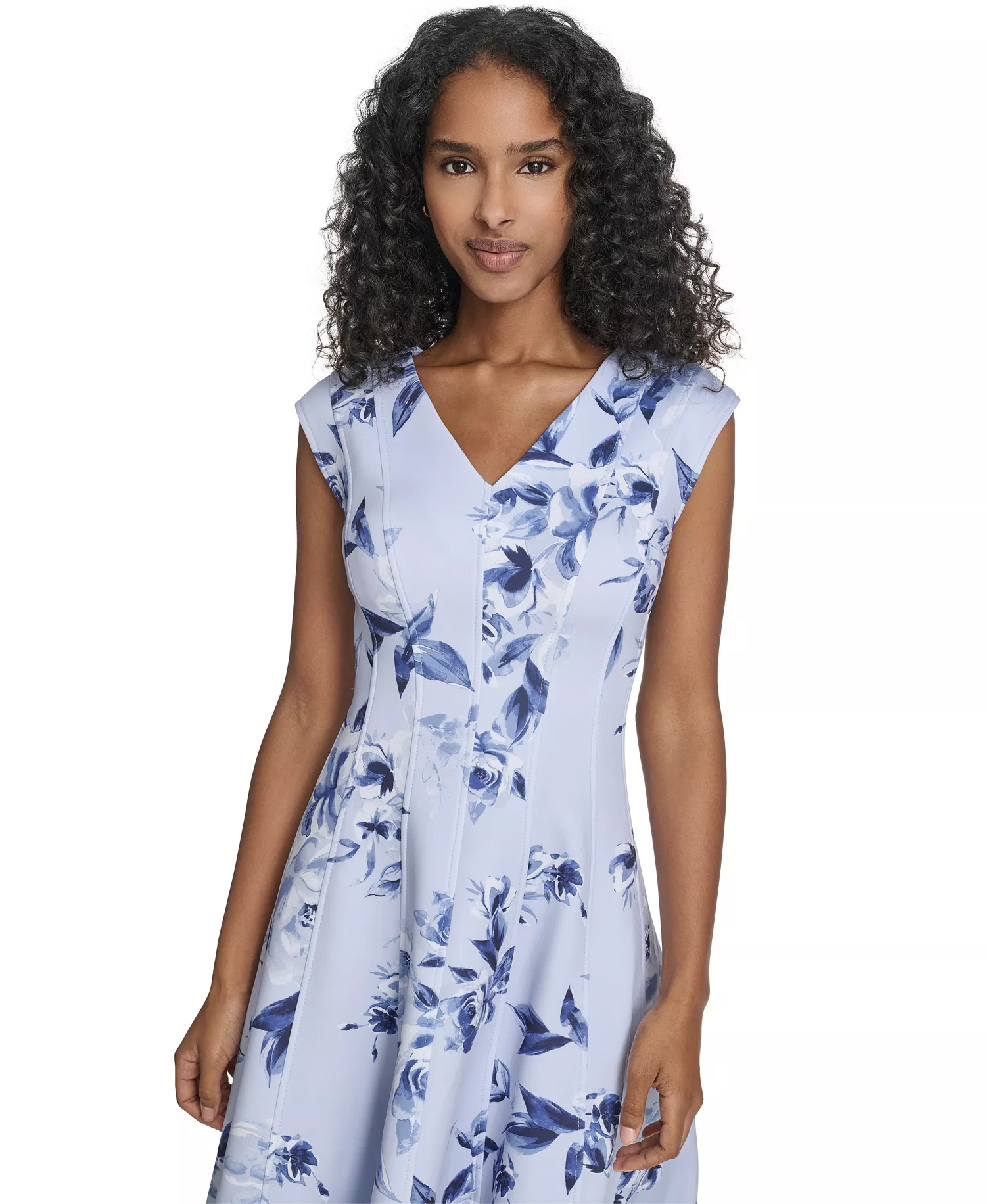 Women's Printed Fit and Flare V-Neck Dress - Chambray Multi - 10