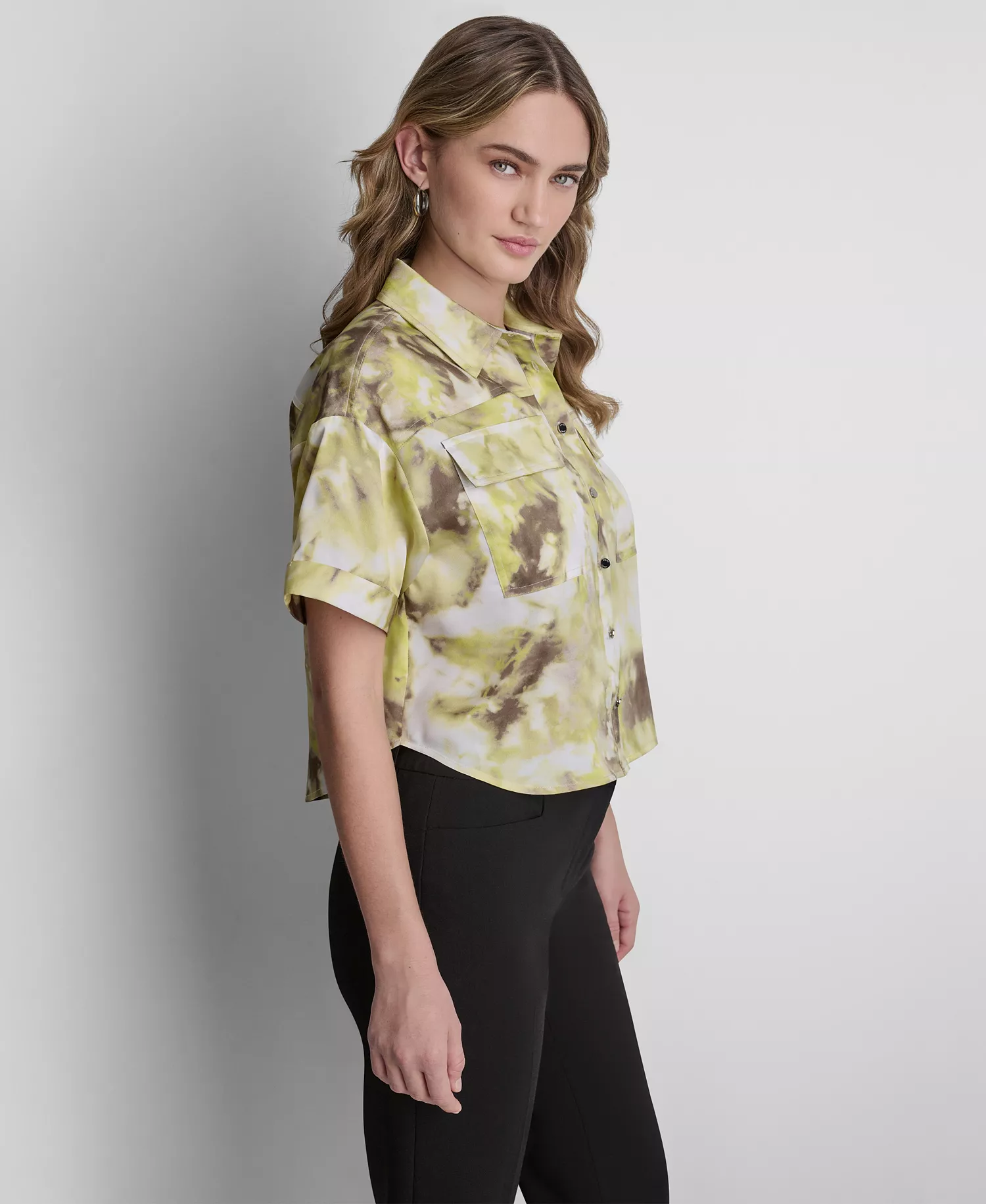 Petite Printed Button-Front Camp Shirt - Sage/Lime Multi - P/L