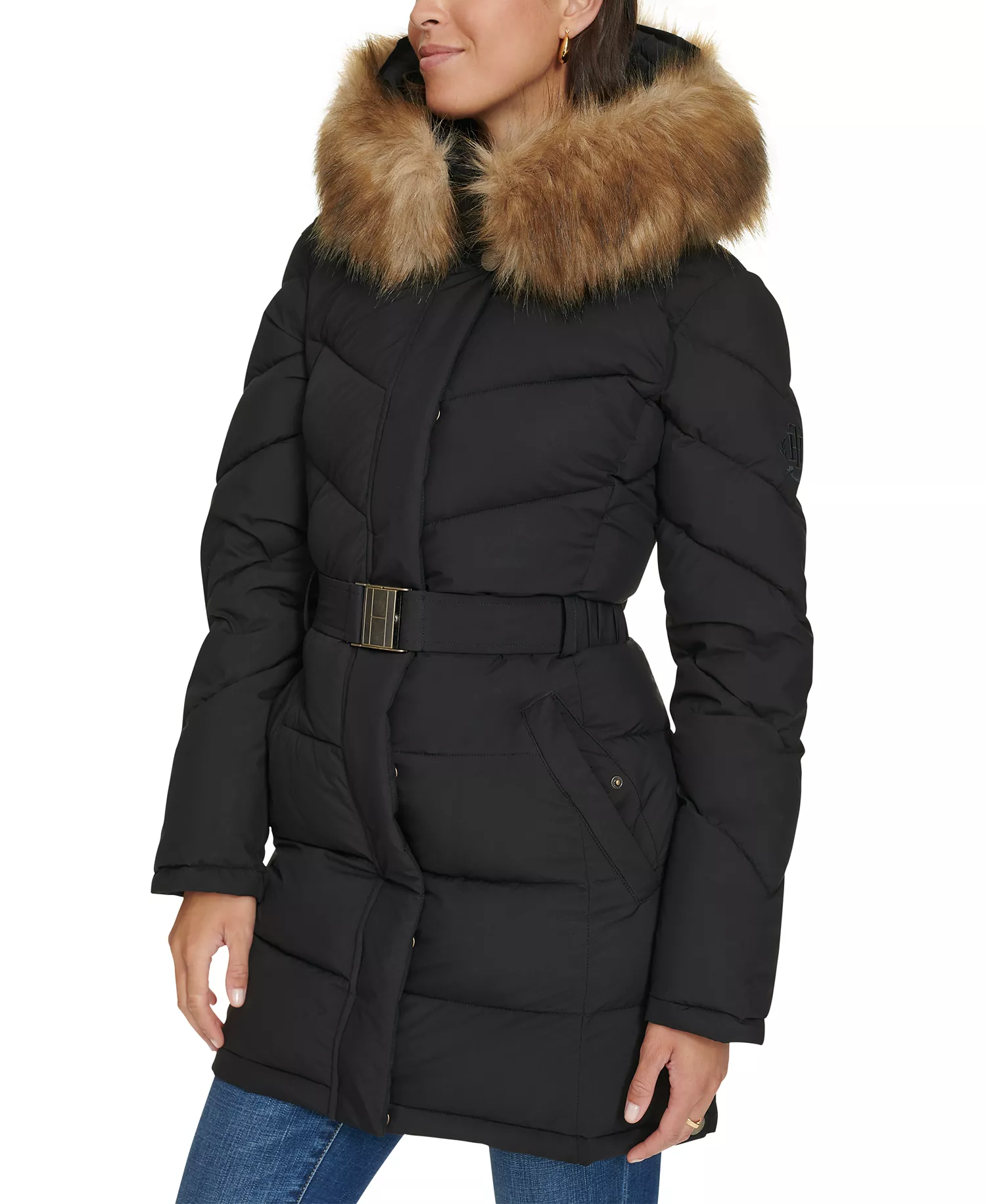 Women's Faux-Fur-Trim Hooded Puffer Coat, Created for Macy's - Black - L