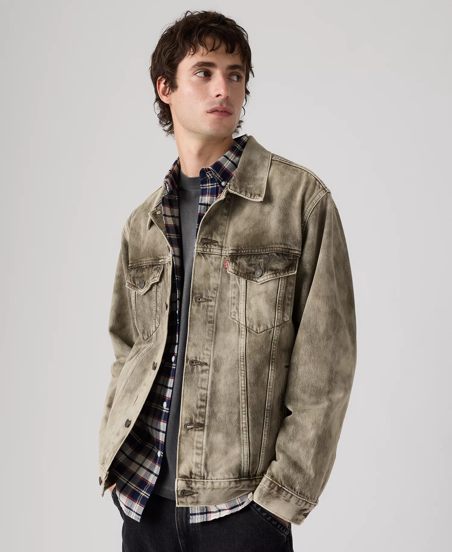 Premium Men's Relaxed-Fit Trucker Jacket - Beige/Olive camo - 2XL