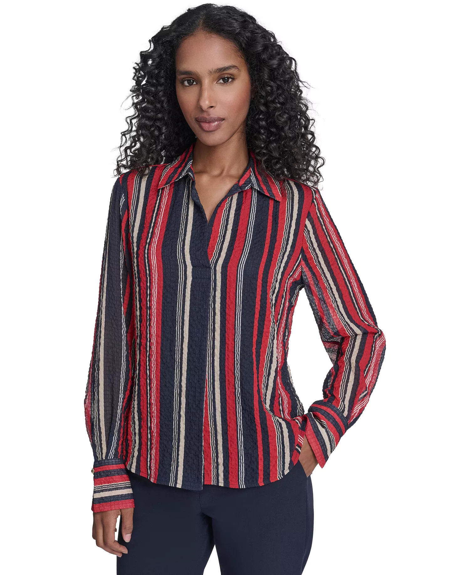 Women's Striped Long Sleeve Pull-On Blouse - Midnight/ Scarlet - L