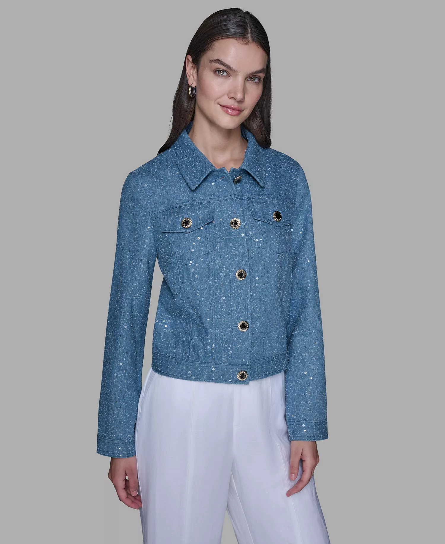 Women's Button Front Sequin Detail Jacket - Medium Blue - L