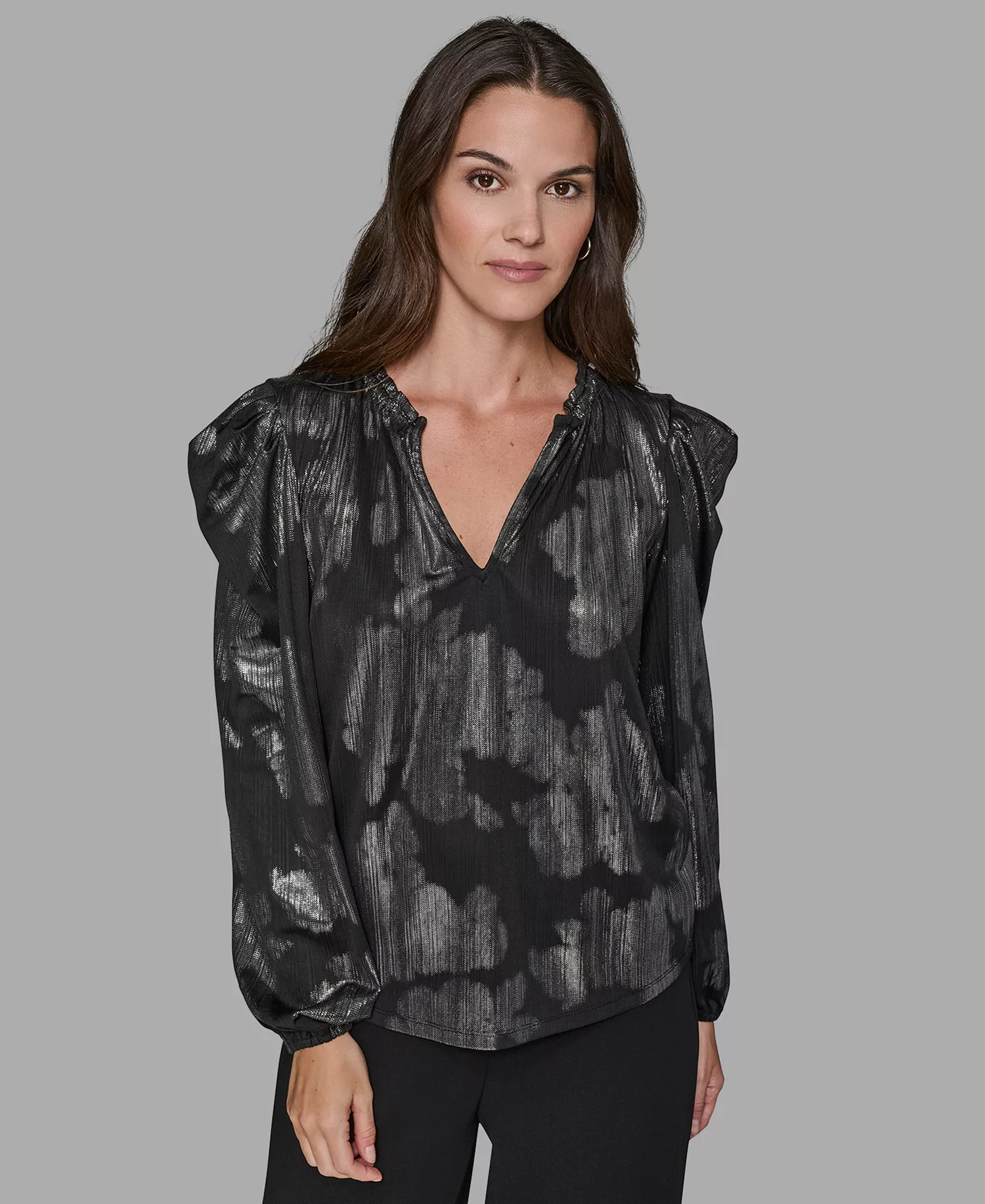Women’s Floral Puff Sleeve V-Neck Blouse - Black/silver - M