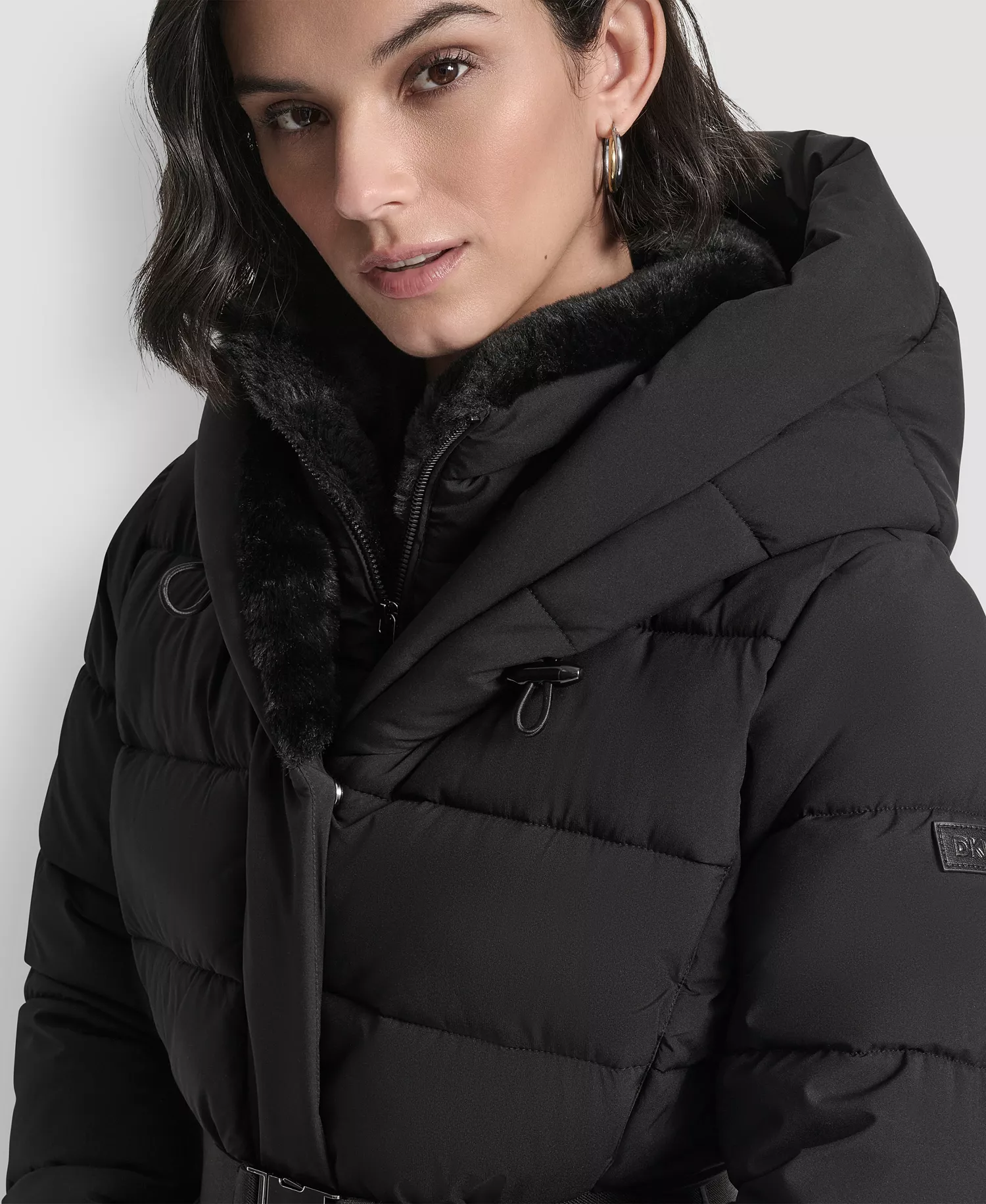 Women's Belted Asymmetrical Zip Front Puffer Coat - Black - M