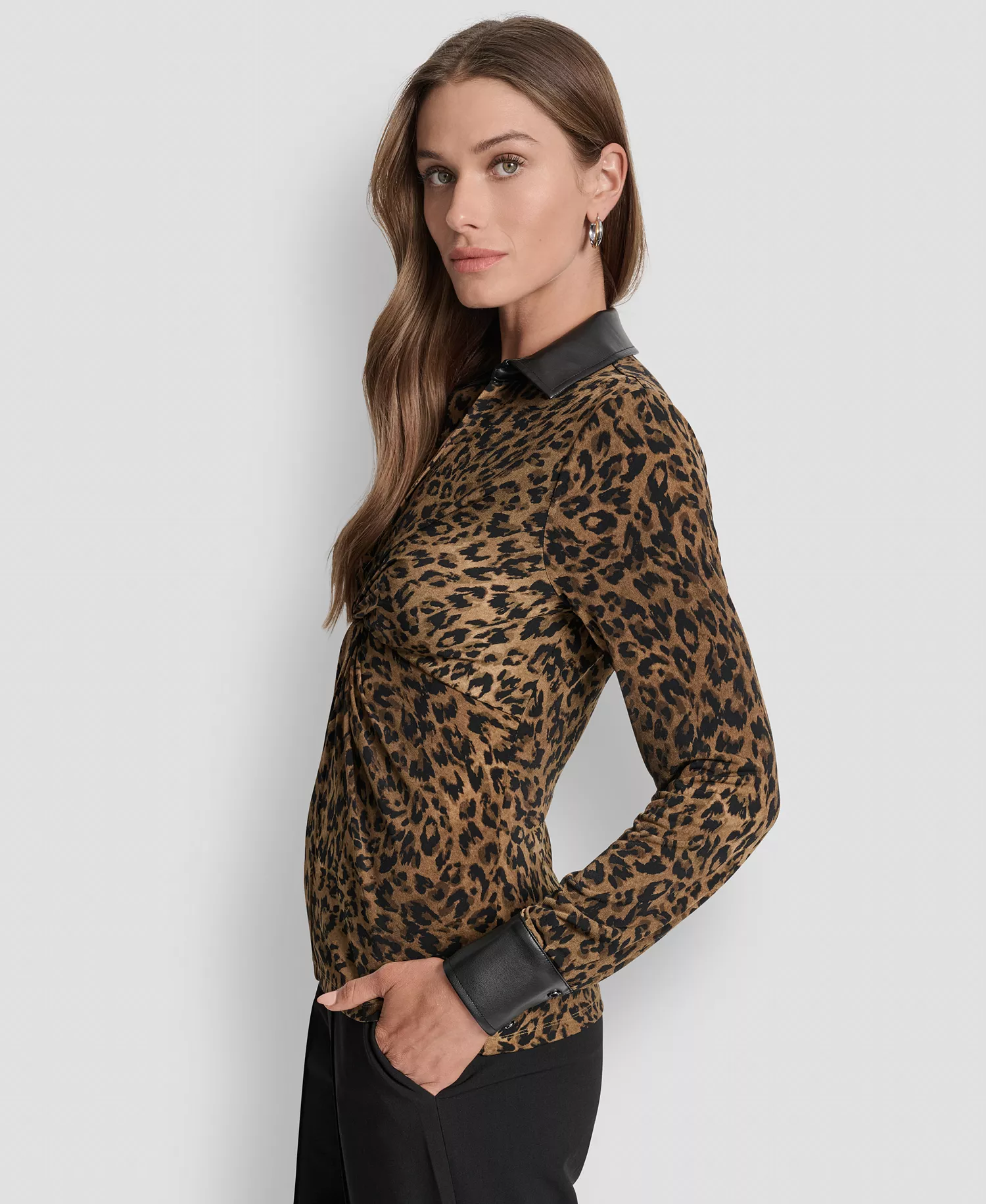 Women's Knot-Front Long-Sleeve Blouse - Truffle Multi - XS