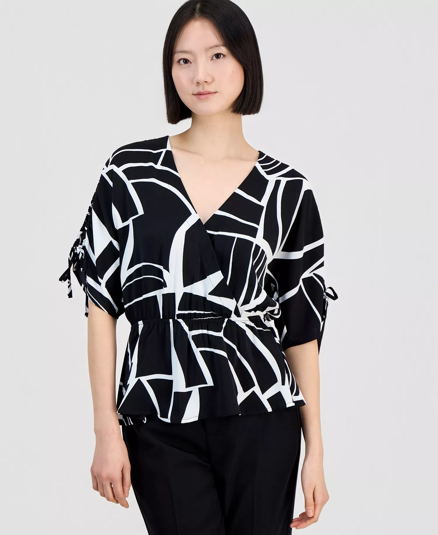 Women's Elbow Sleeve Printed Faux Wrap Top, Macy's Exclusive - Fae Geo Bl - L