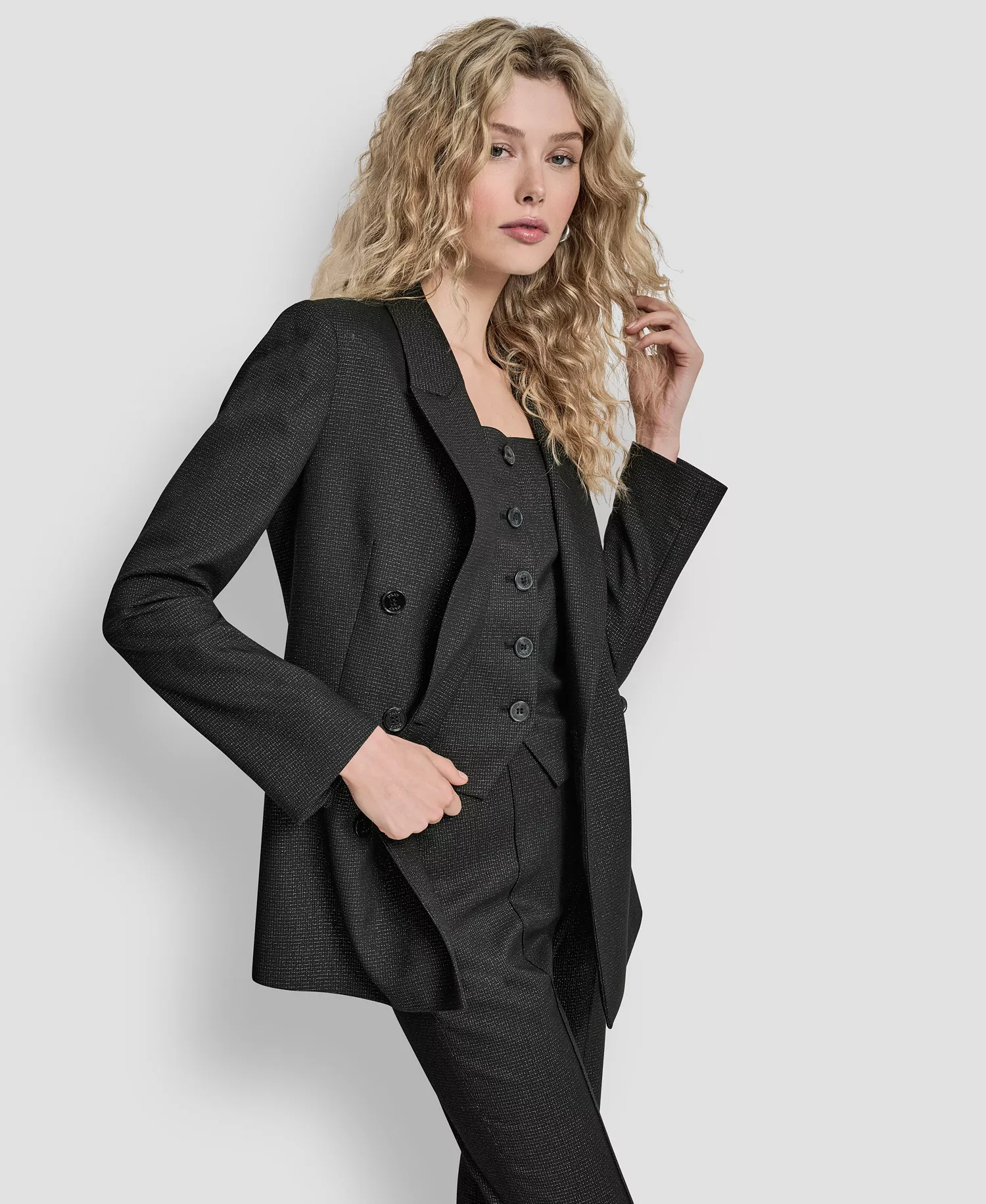 Women's Button-Front Double Breasted Blazer - Black/silver - 10