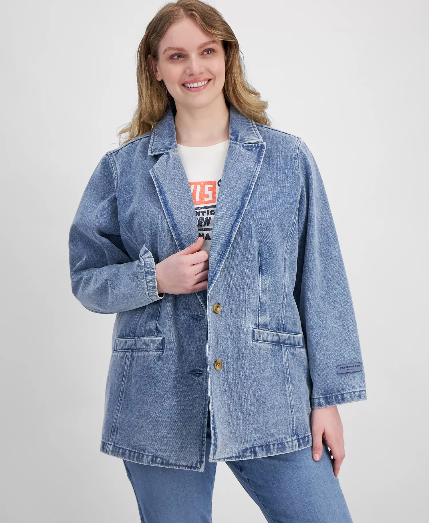 Plus Size Denim Long-Sleeve Blazer Jacket - Light Wash Denim - 1X