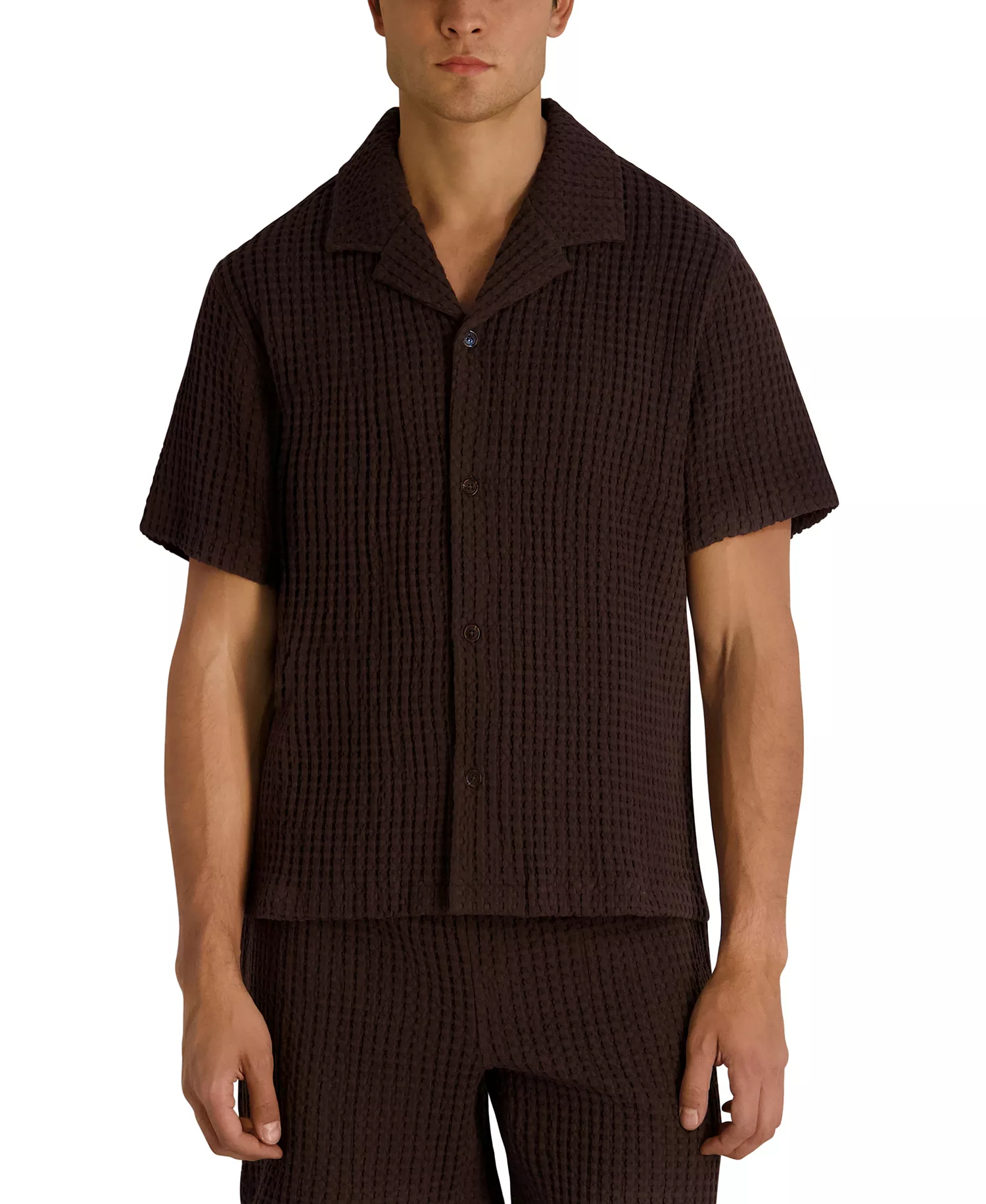 Men's Camp Collared Textured Short-Sleeve Woven Shirt - Drak Brown - 2XL