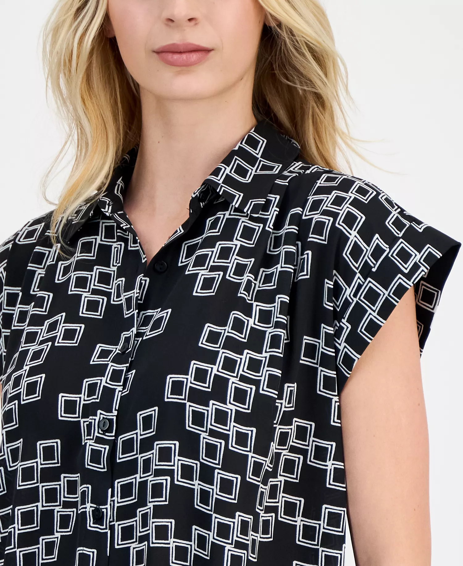 Women's Printed Point Collar Shirt - Black/white Frames Print - L