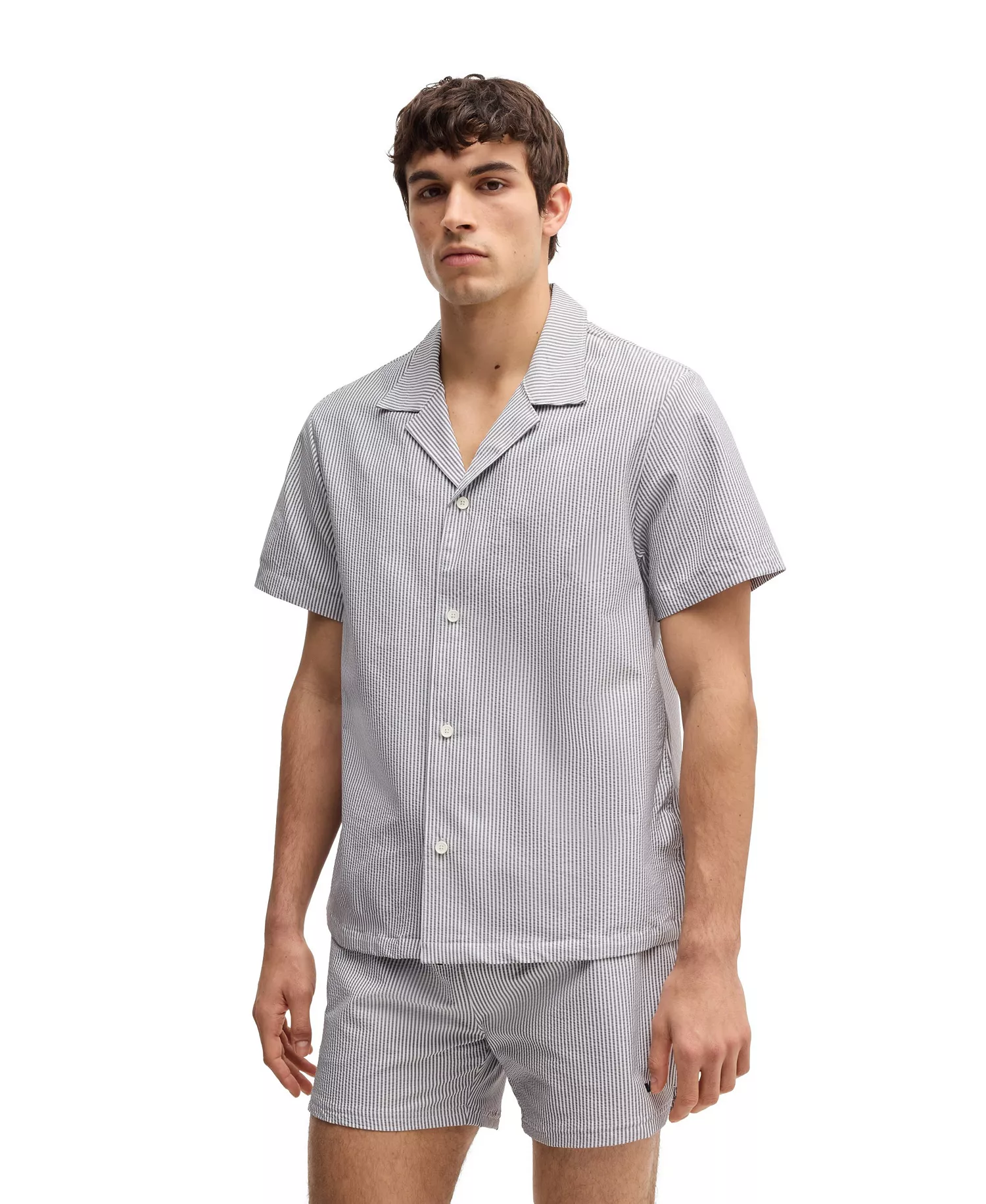 Men's Seersucker Fabric Regular-Fit Shirt - Navy - L