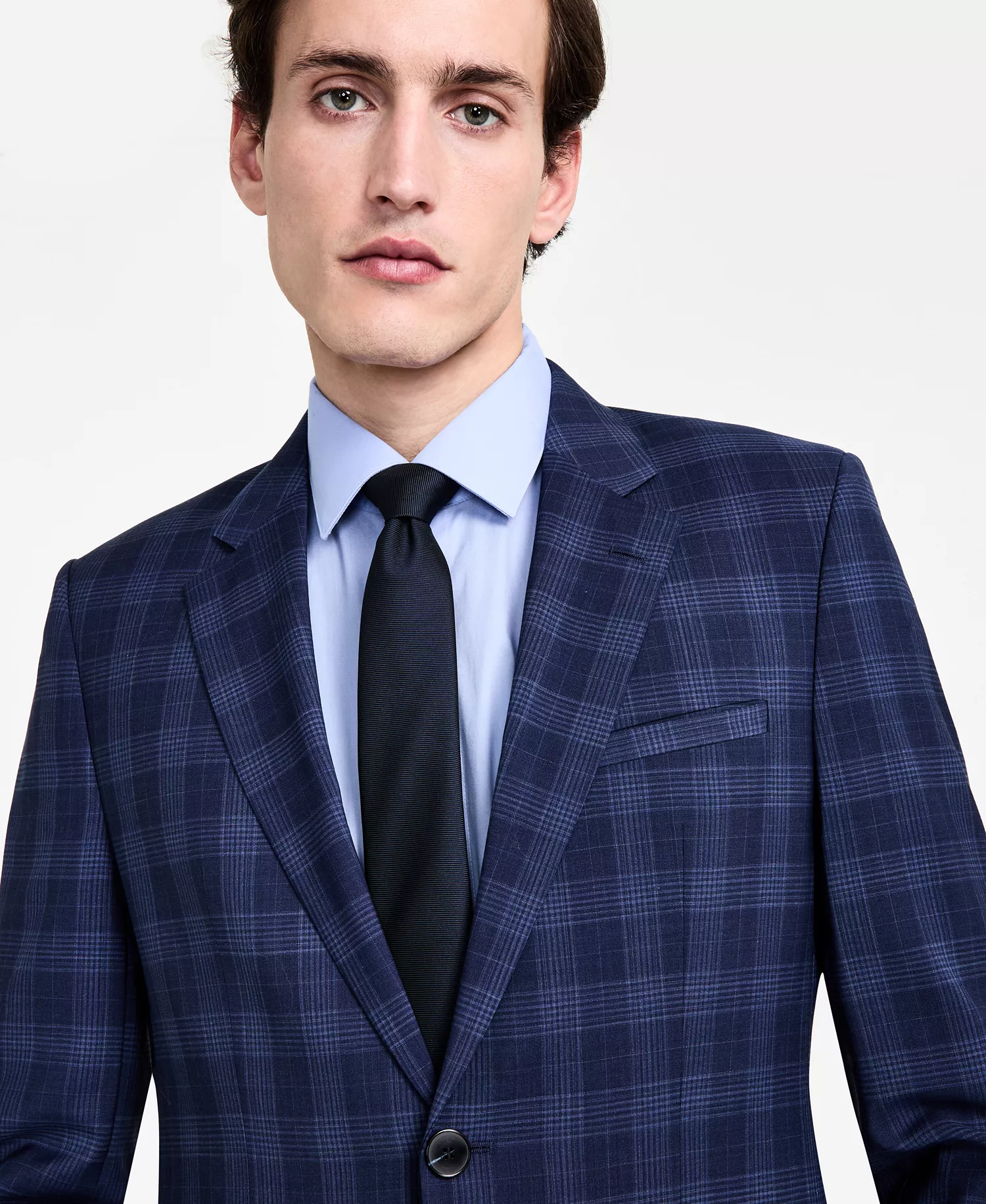 Men's Modern-Fit Wool Plaid Suit Jacket - Navy Plaid - 36R