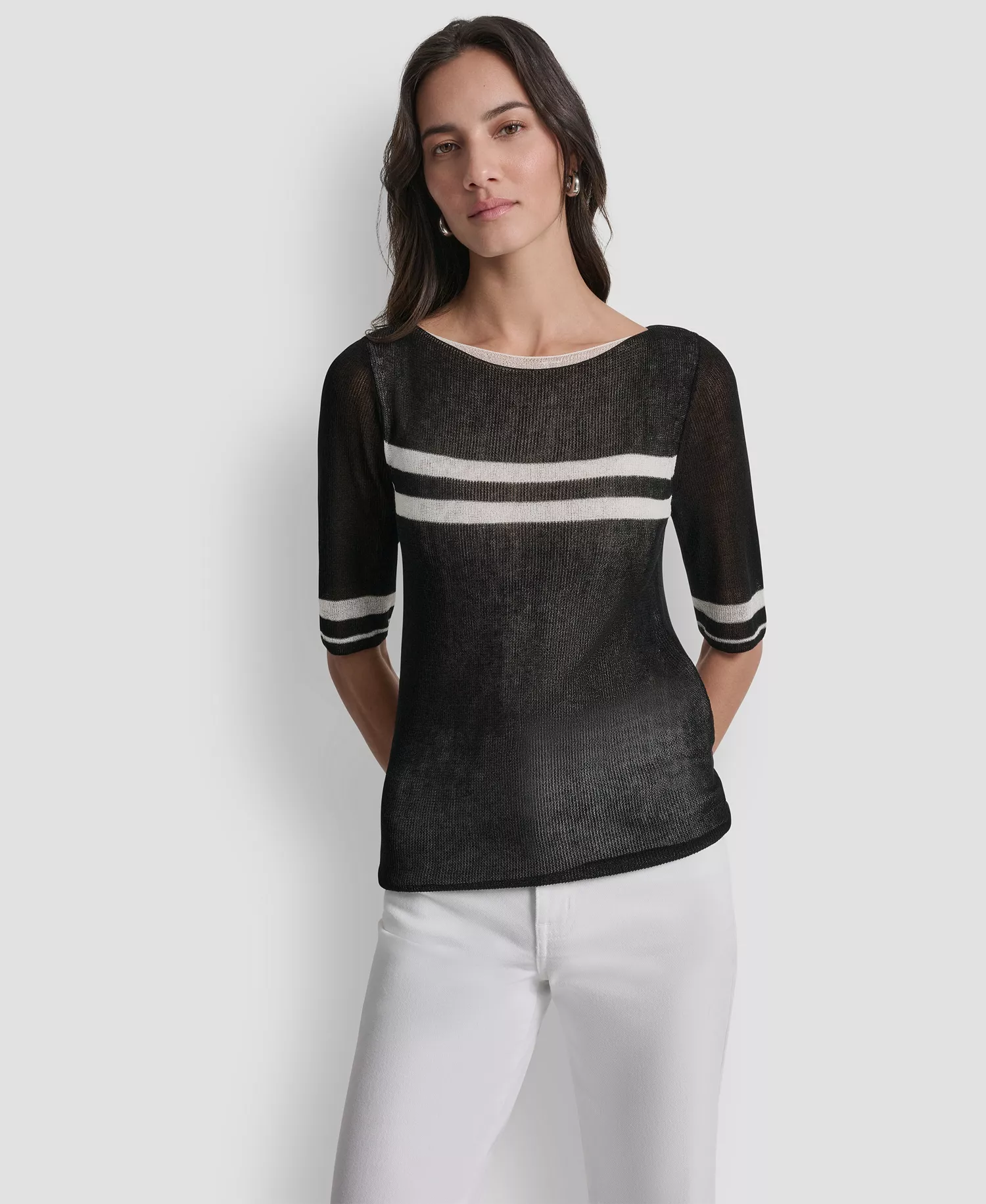 Women's Boat Neck Elbow-Sleeve Stripe Sweater - Black/ivory - L