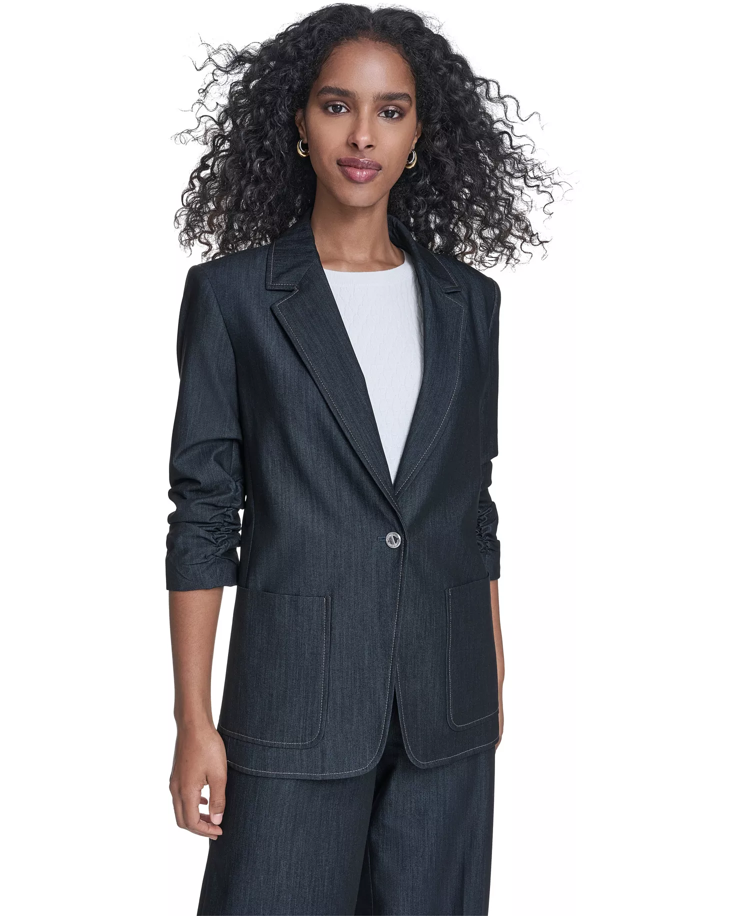 Women's Faux Denim 3/4-Sleeve Jacket, Denim Wide Leg Pants, and Textured Short-Sleeve Sweater - Indigo - 10