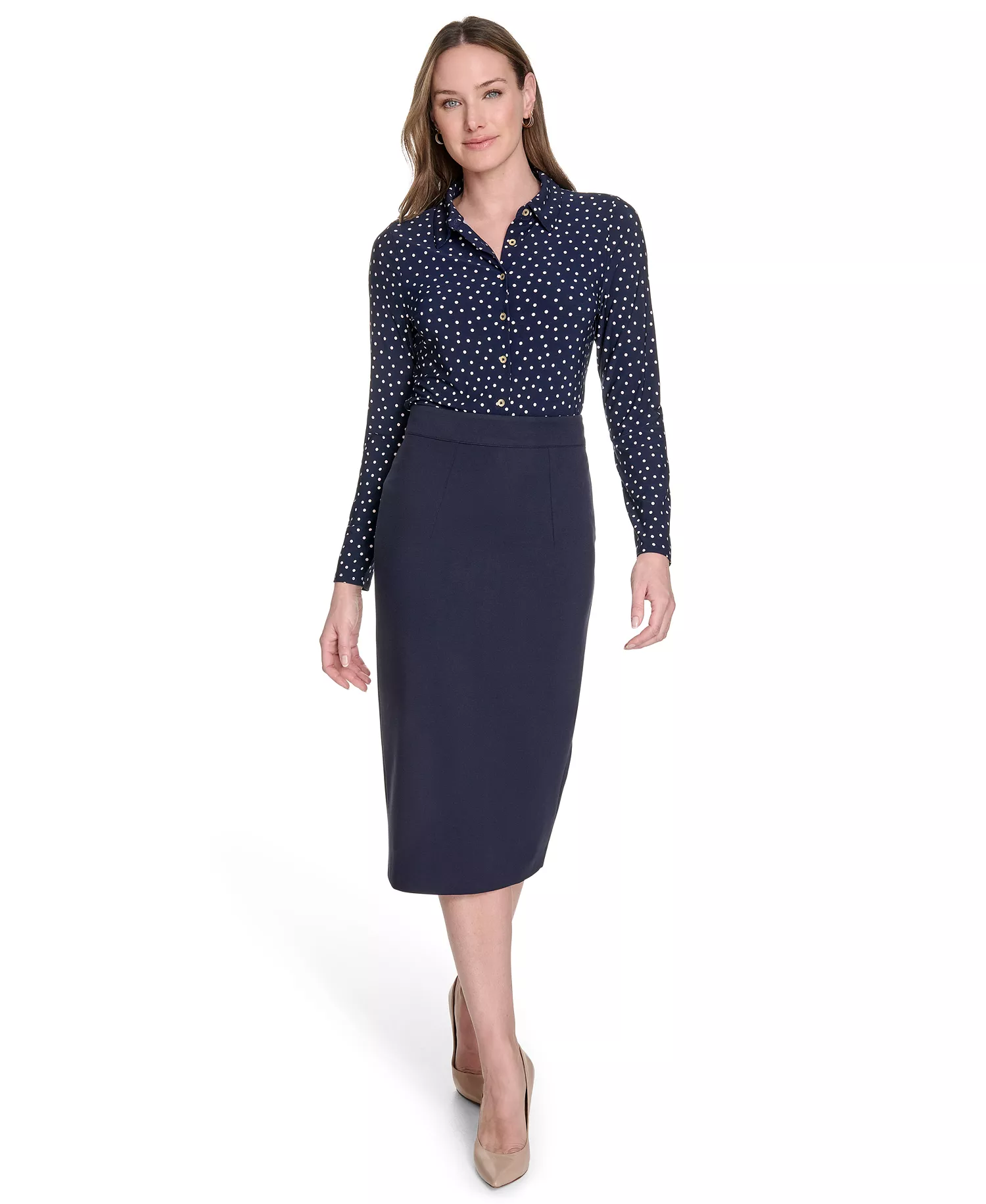 Women's Dot-Print Long-Sleeve Knit Blouse - Midnight/ Powder - L