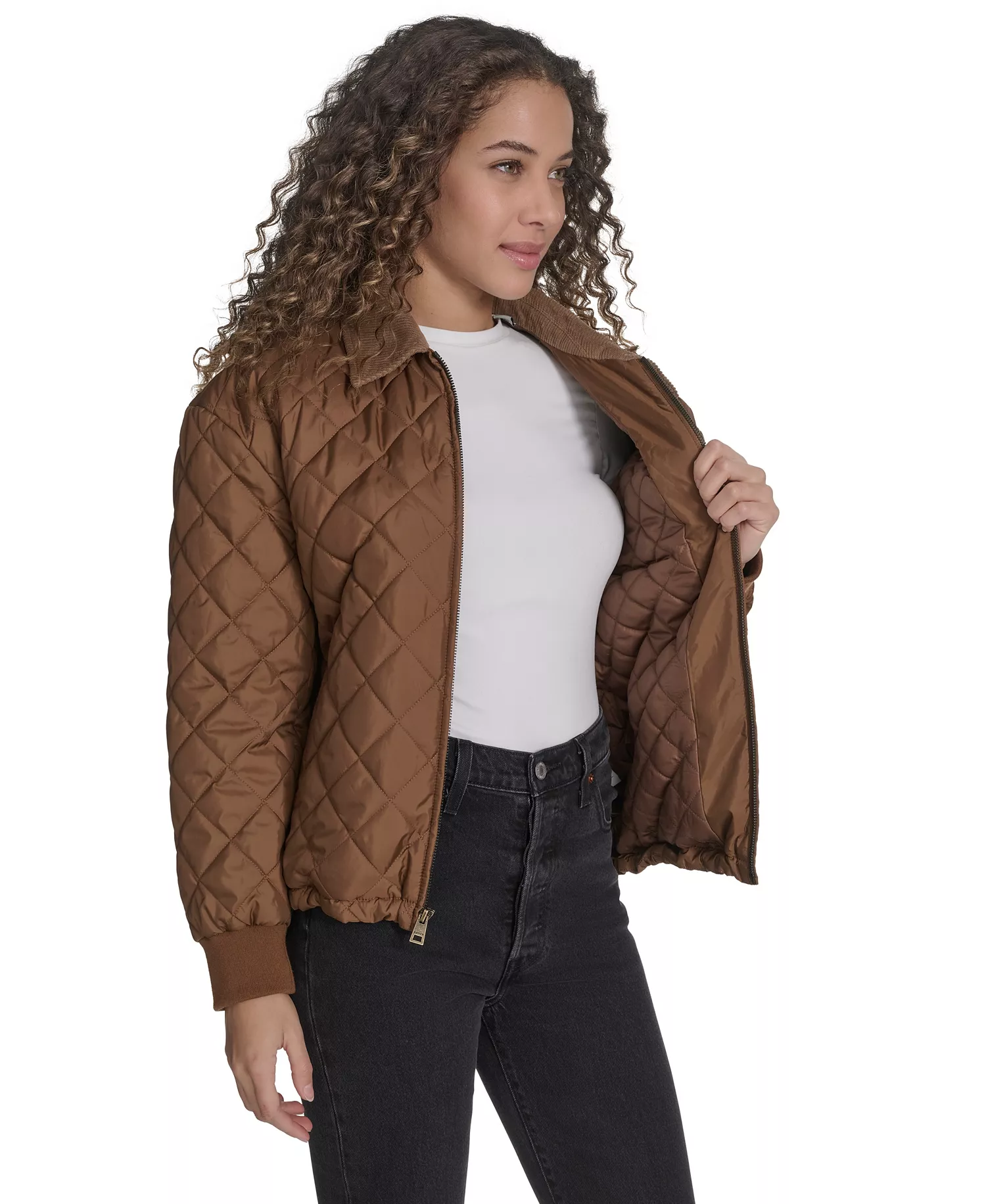 Women's Diamond Quilted Bomber with Corduroy Collar - Bison - M