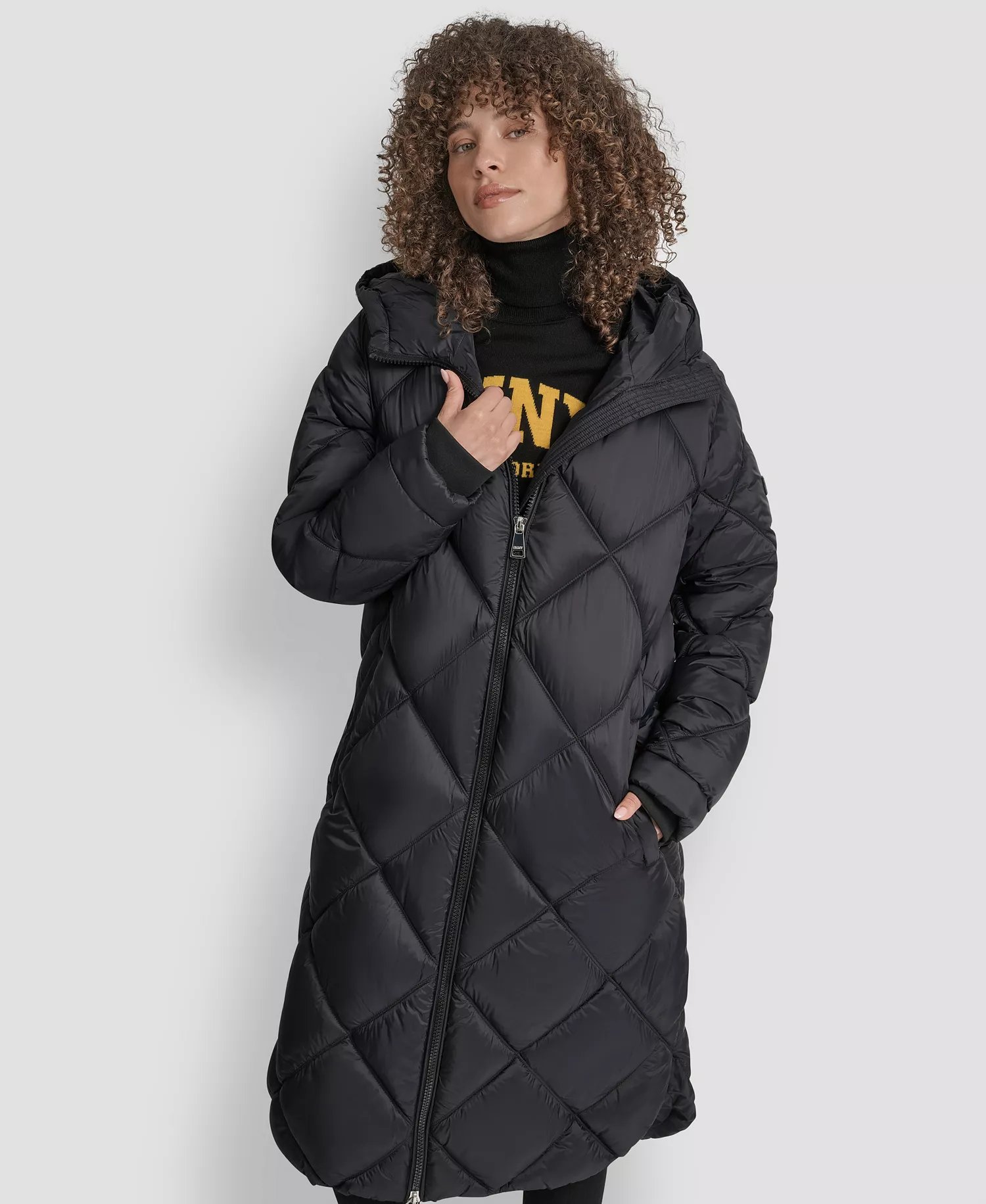 Women's Diamond Quilted Hooded Puffer Coat - Black - L