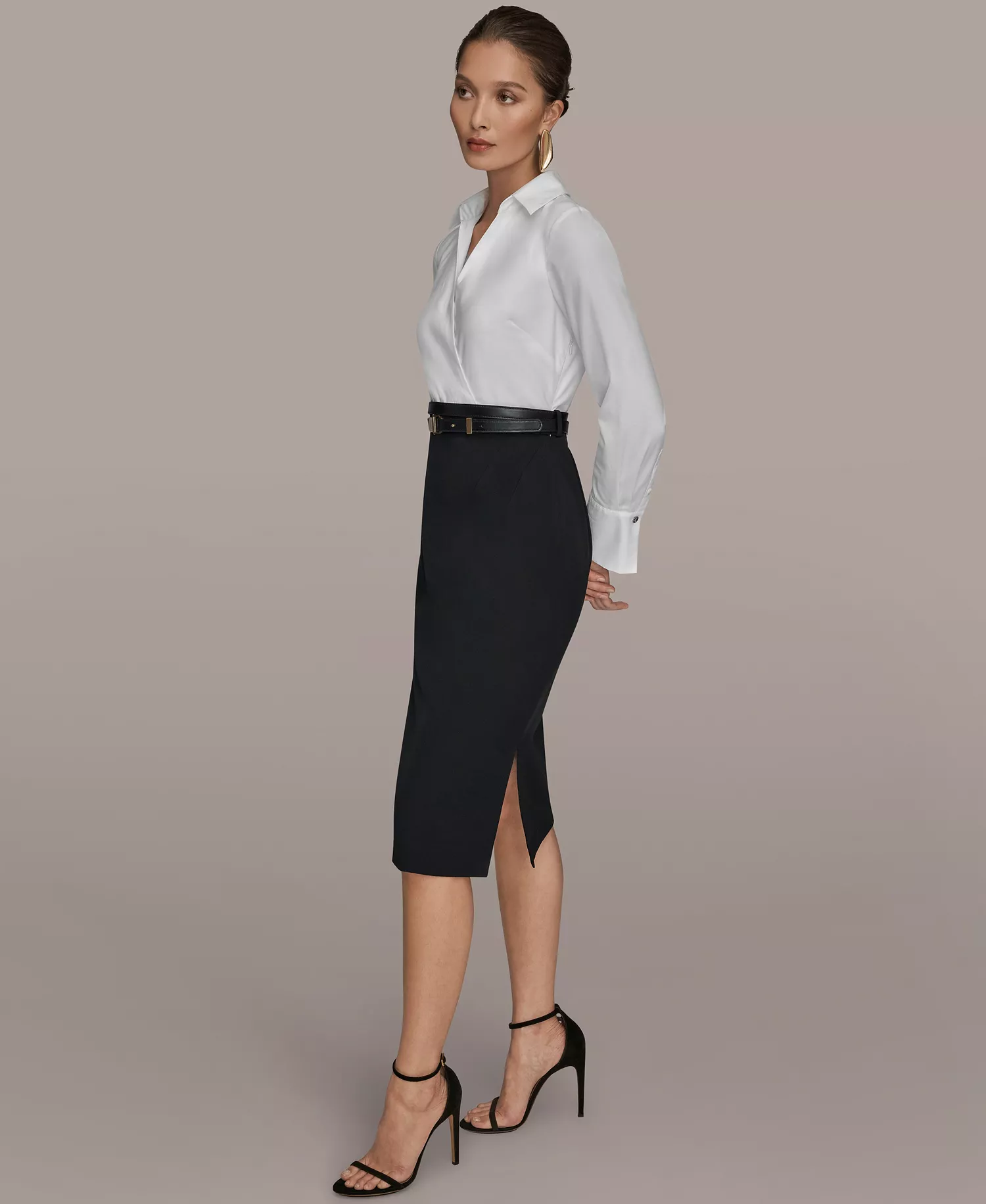 Women's V-Neck Belted Contrast Wrap Sheath Midi Dress - Cream/Black - 10