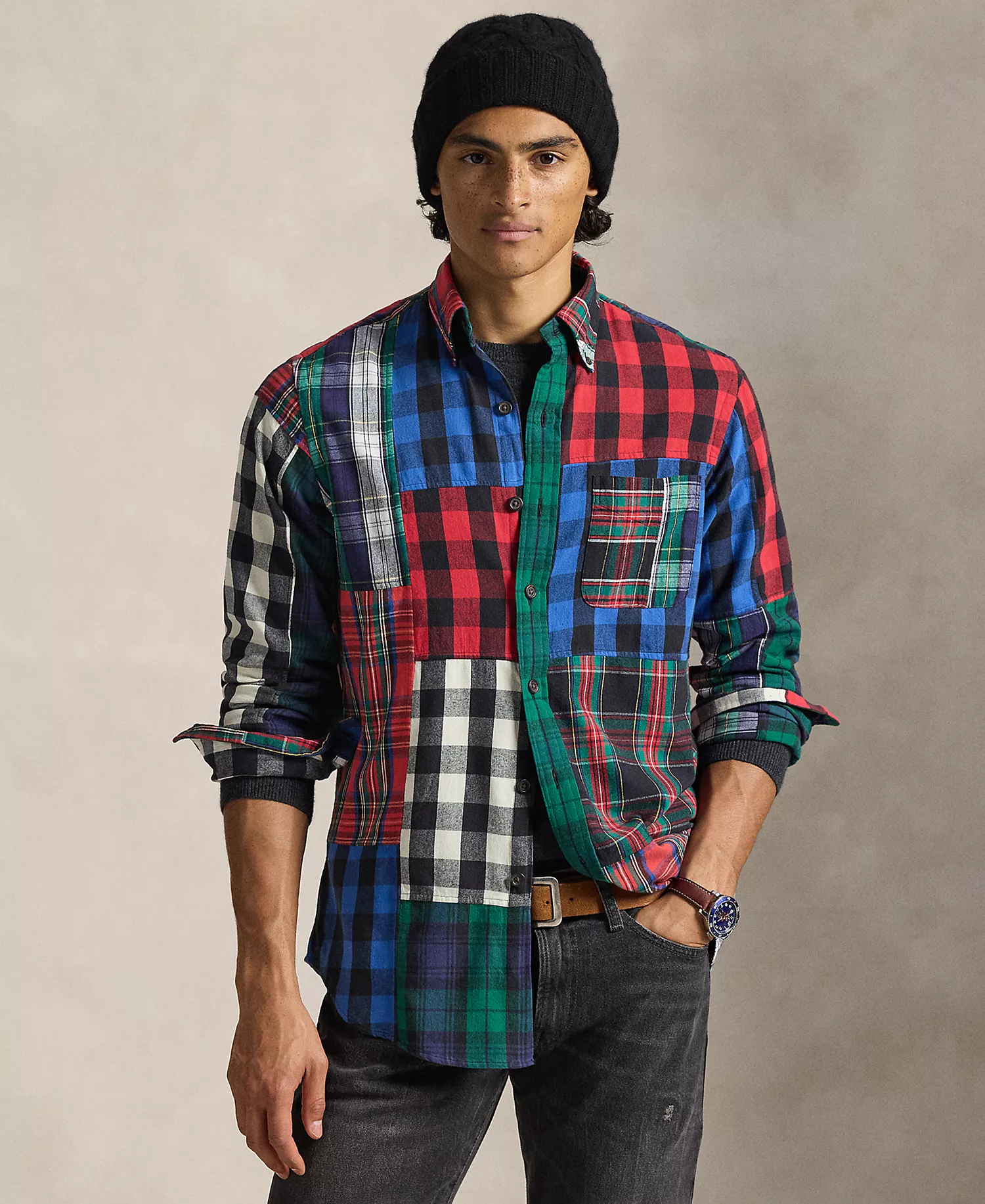 Men's Button-Down Polo Shirt - Holiday Buffalo Patchwork - XS