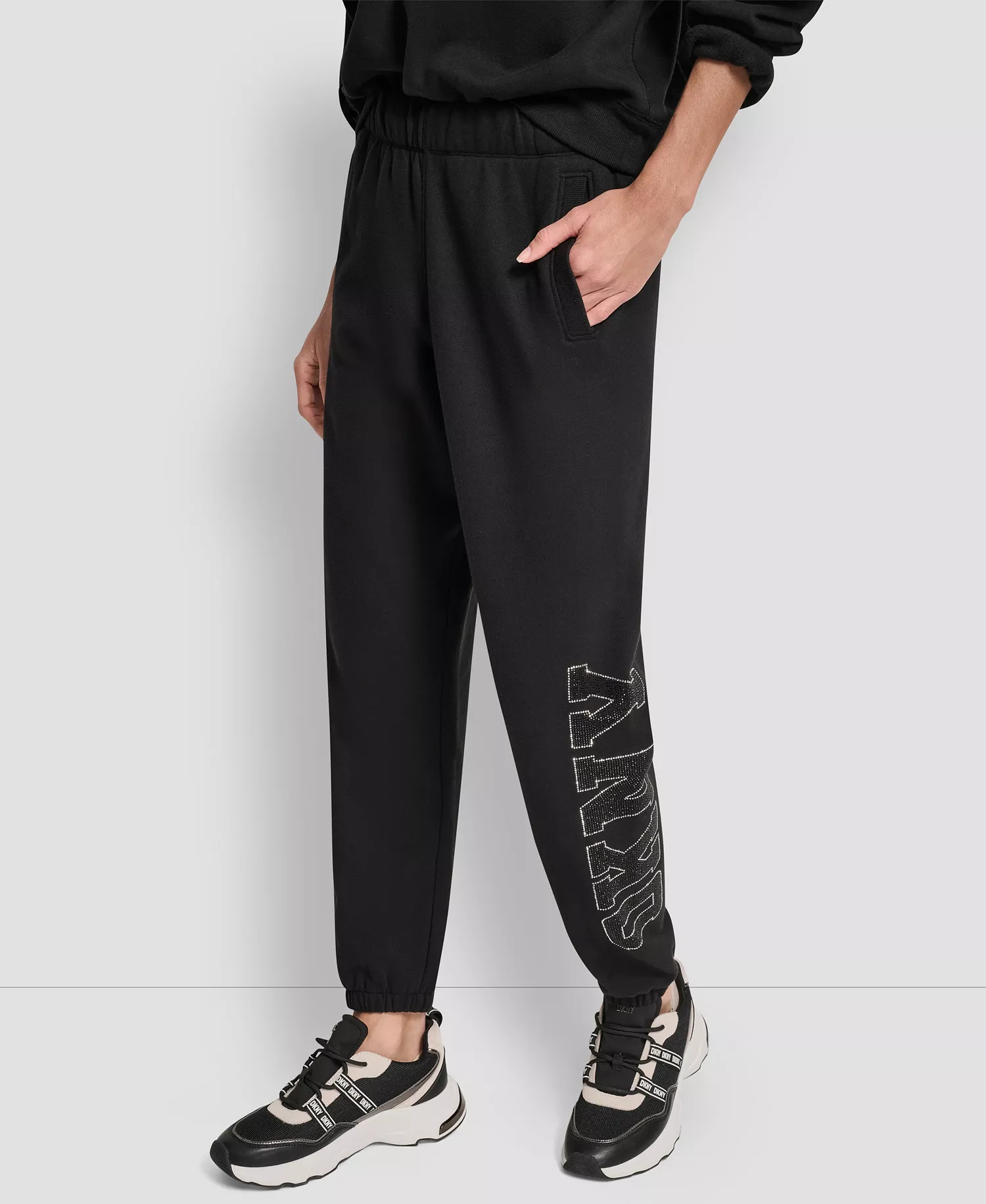 Women's Exploded Rhinestone Varsity Logo High Rise Relaxed Jogger - Black - L