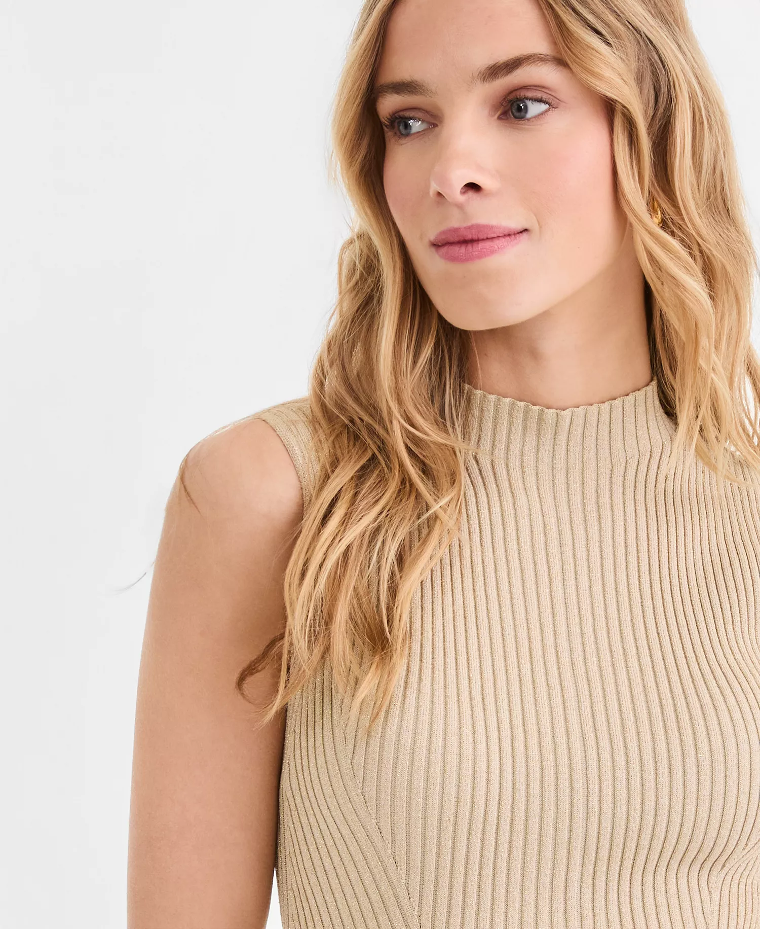 Women's Metallic Rib-Knit Sleeveless Sweater, Macy's Exclusive - Grain/Gold - L