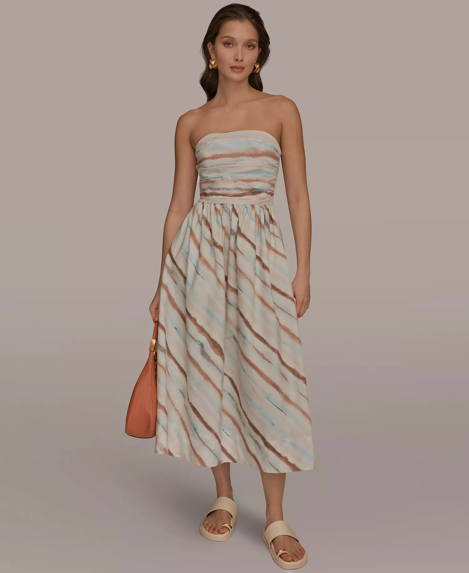Women's Strapless Midi Dress - Watercolor Stripe Print - 10