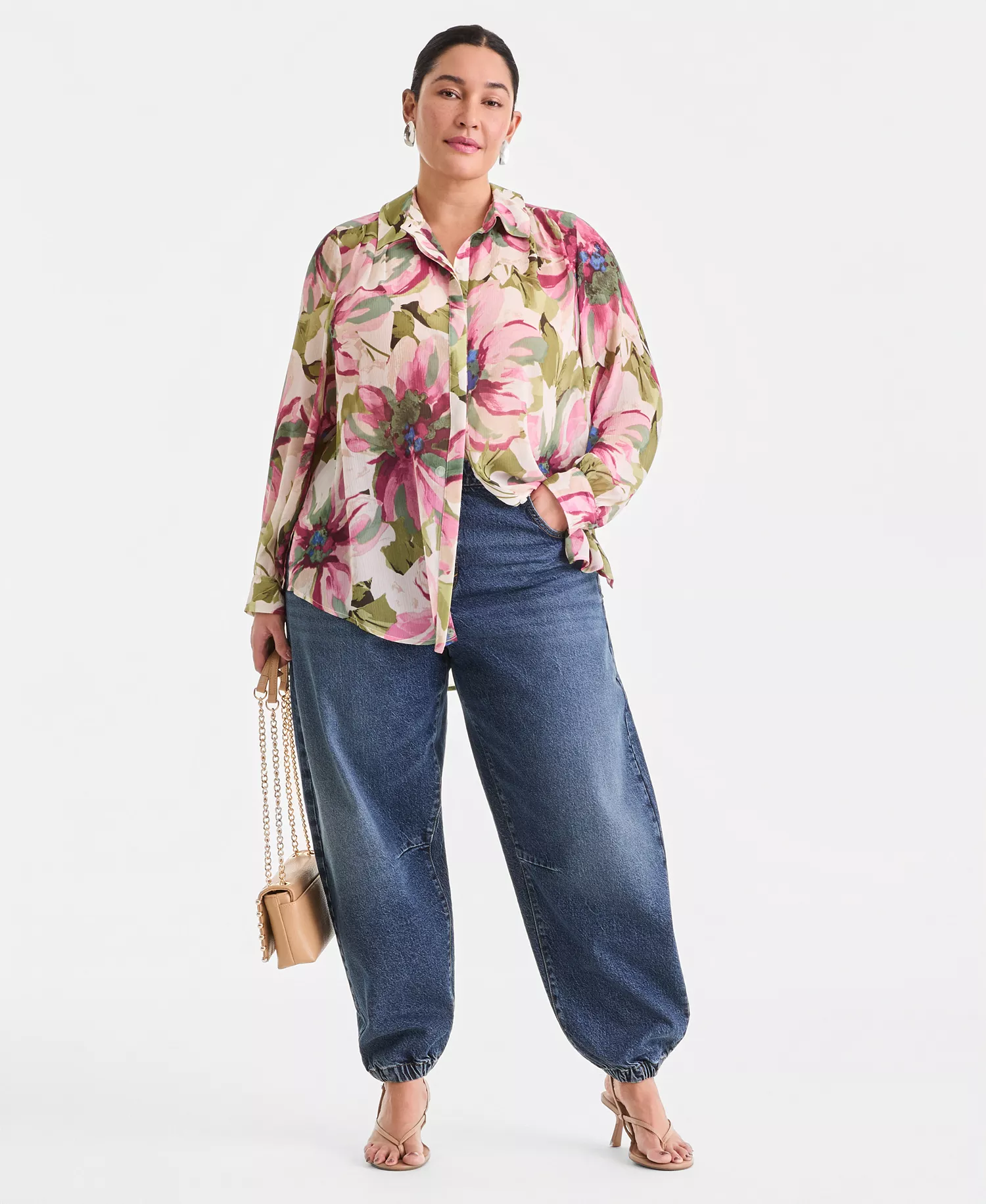 Plus Size Printed Long-Sleeve Blouse, Created for Macy's - Farrah Bouquet - 0X