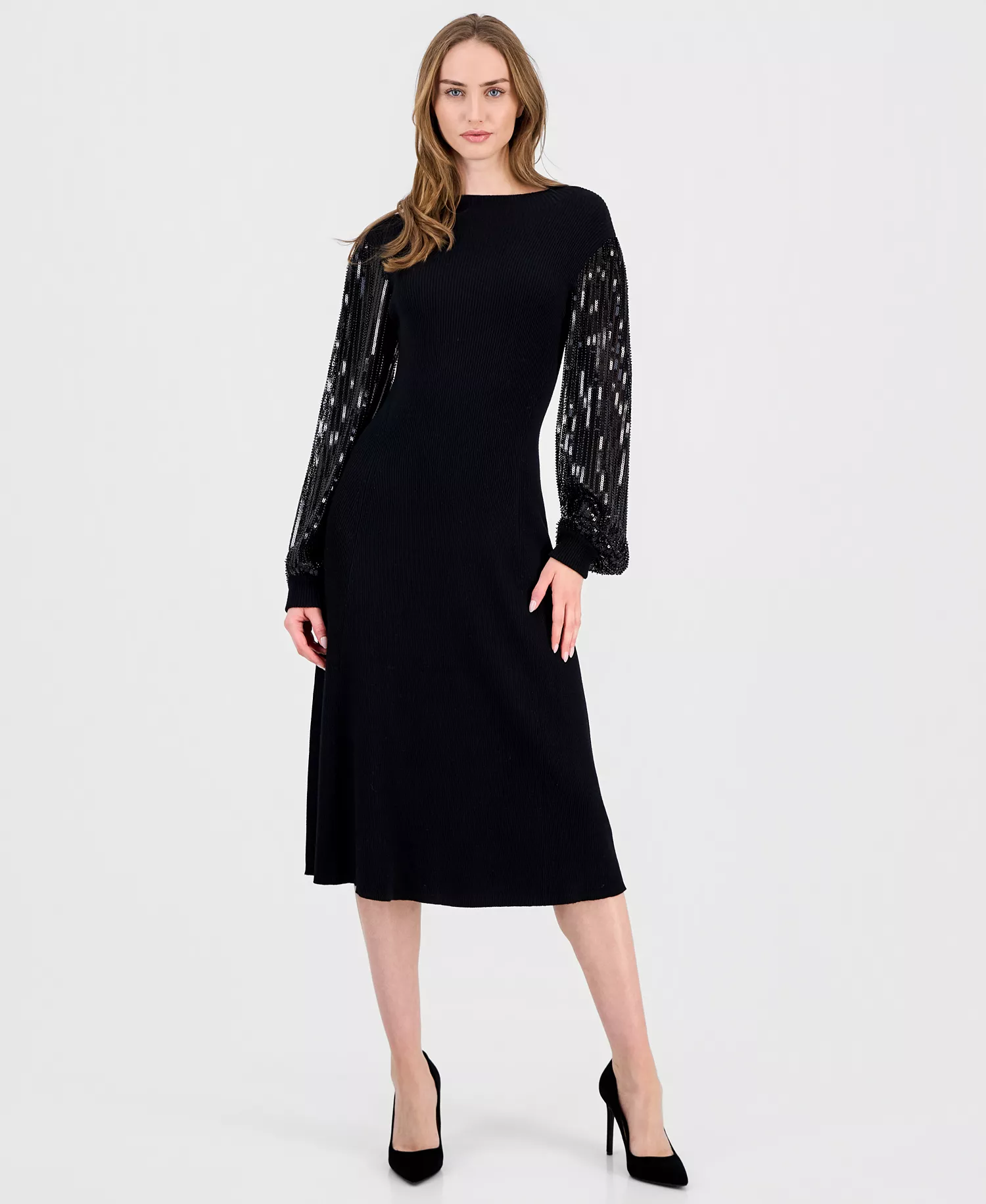Women's Embellished-Sleeve Ribbed Dress - Black / Black Sequin - M