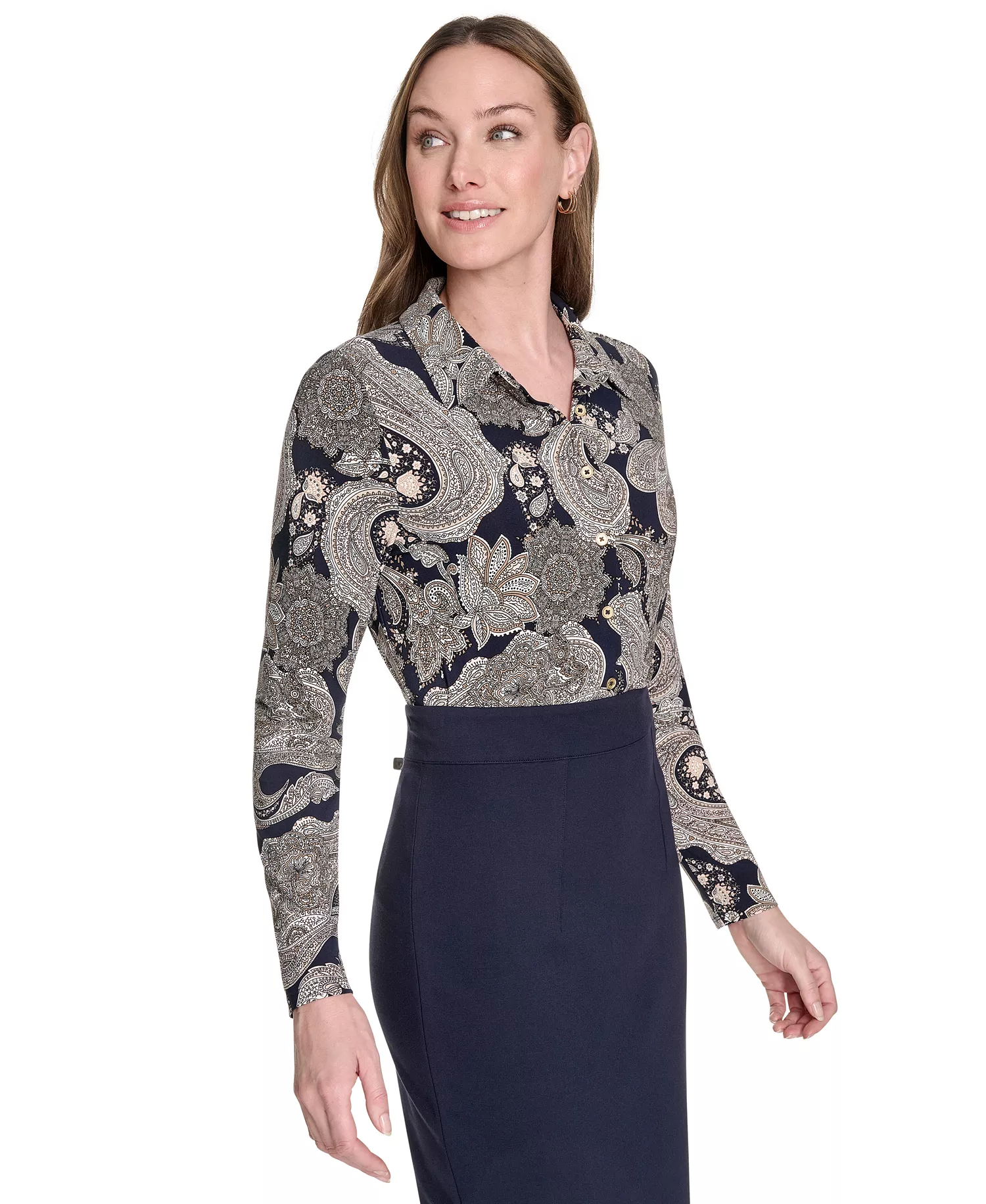 Women's Printed Long-Sleeve Knit Blouse - Midnight/ Sand - XL