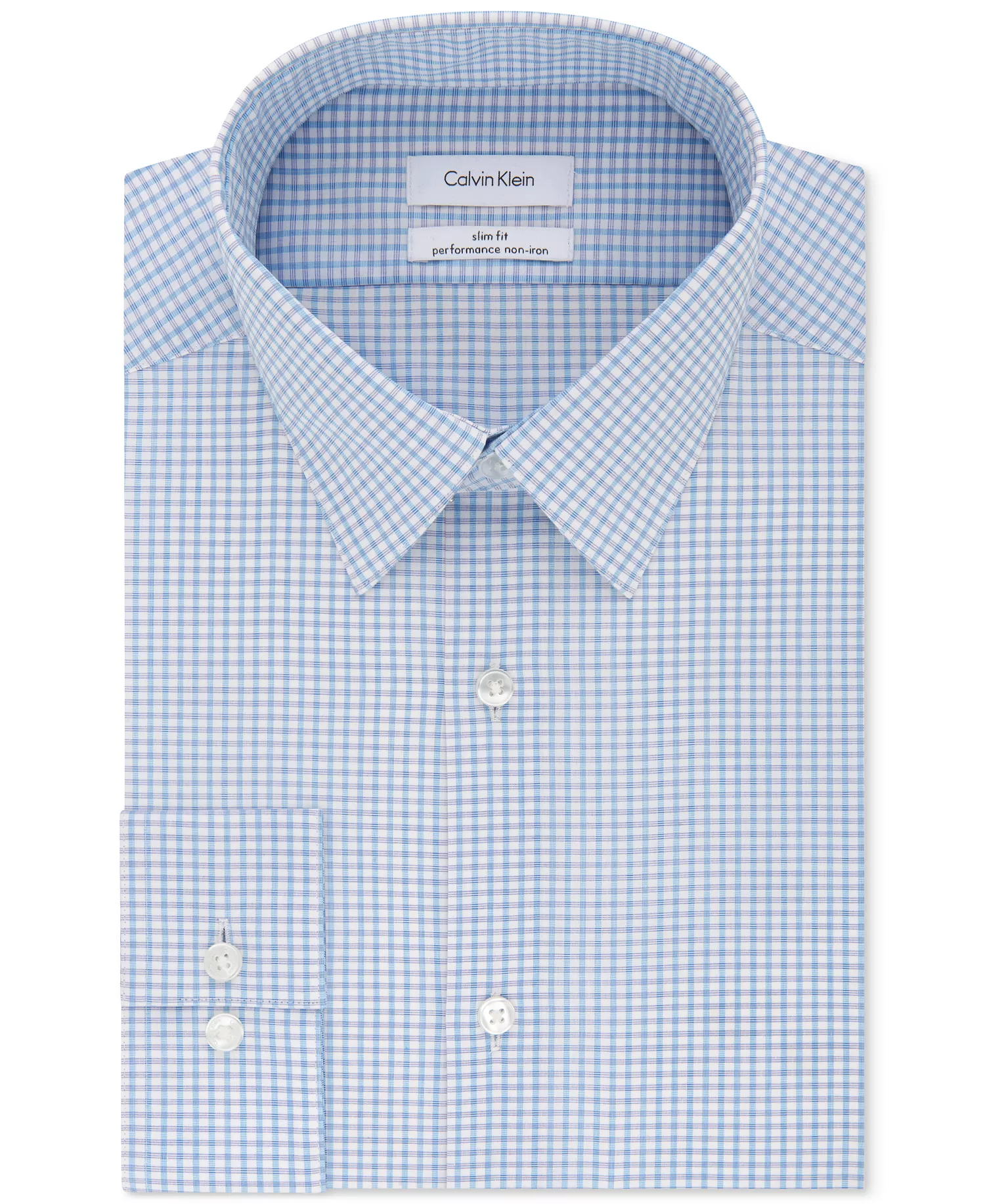 Men's Slim-Fit Non-Iron Performance Stretch Blue Check Dress Shirt - Bluebird - 14 32/33