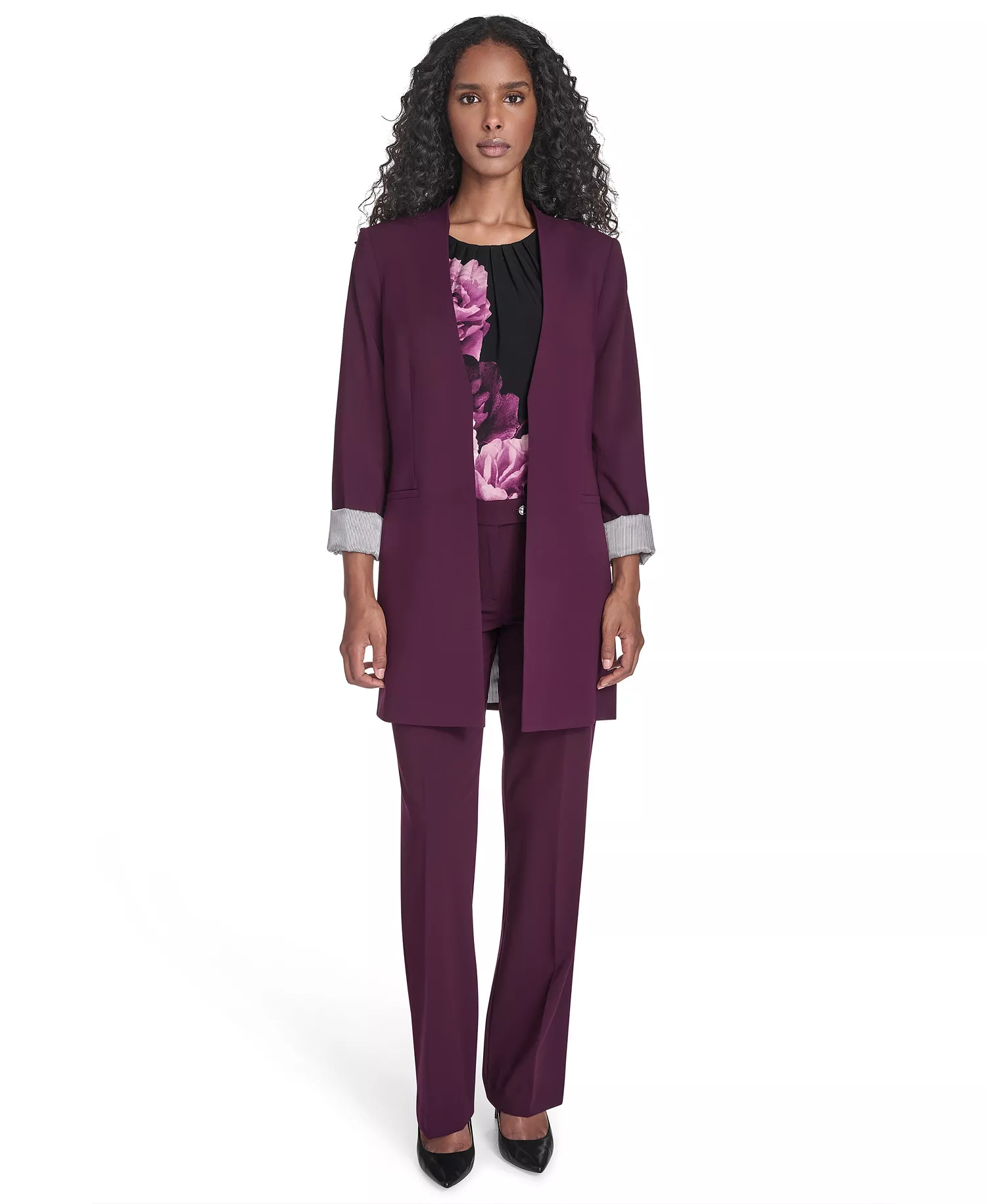 Petite Lux Open Front 3/4-Sleeve Rollback Cuff Jacket - Aubergine - 2P