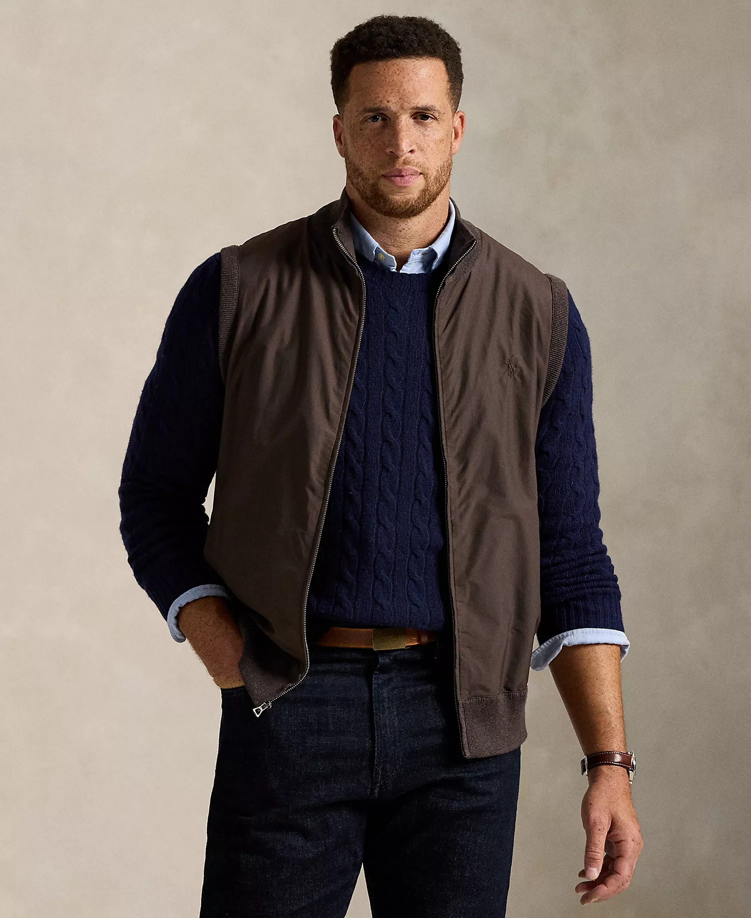 Men's Hybrid Full-Zip Sweater - Brown Combo - 2LT